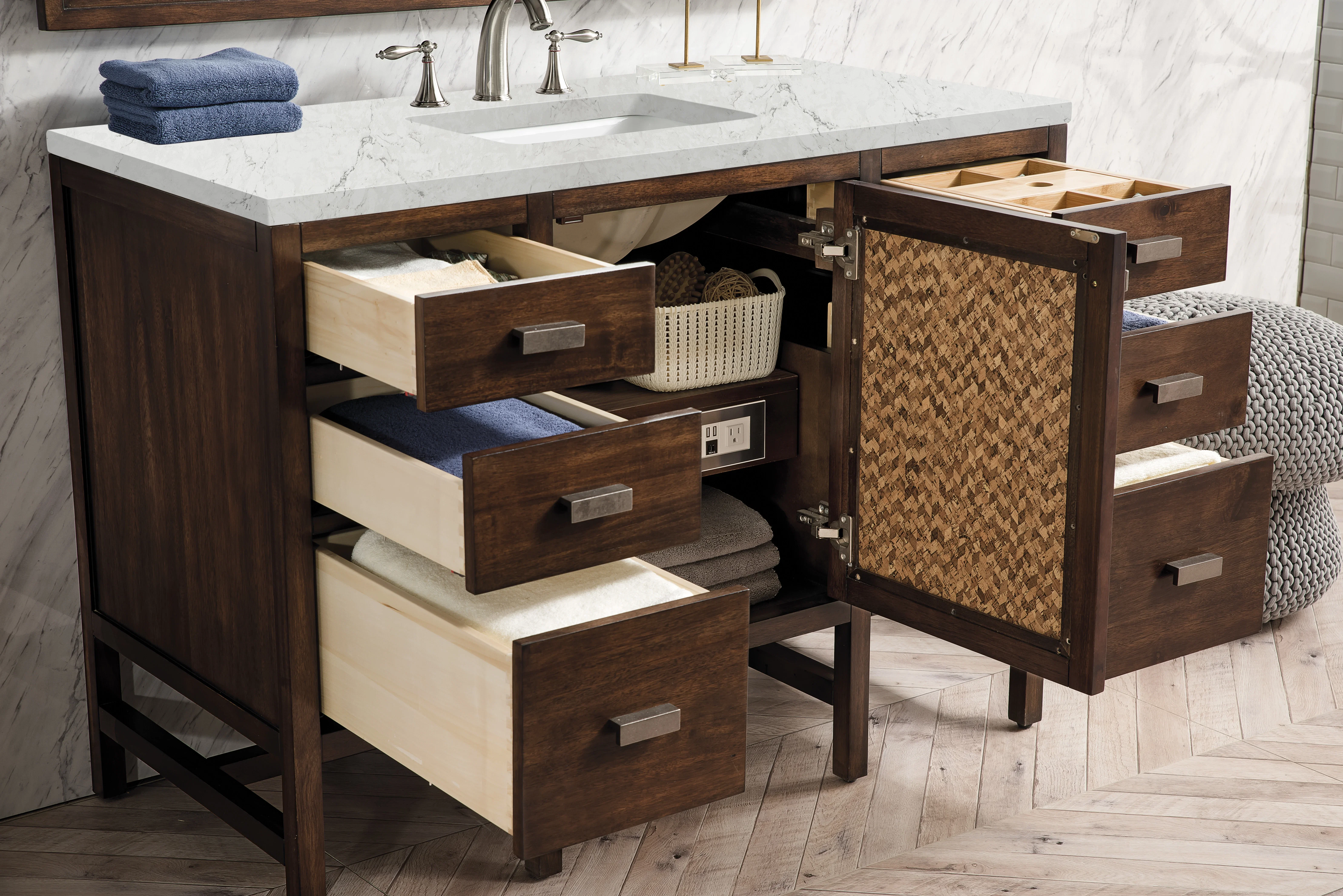 Addison 48" Single Vanity, Mid-Century Acacia w/ 3 CM Eternal Jasmine Pearl Silestone Top