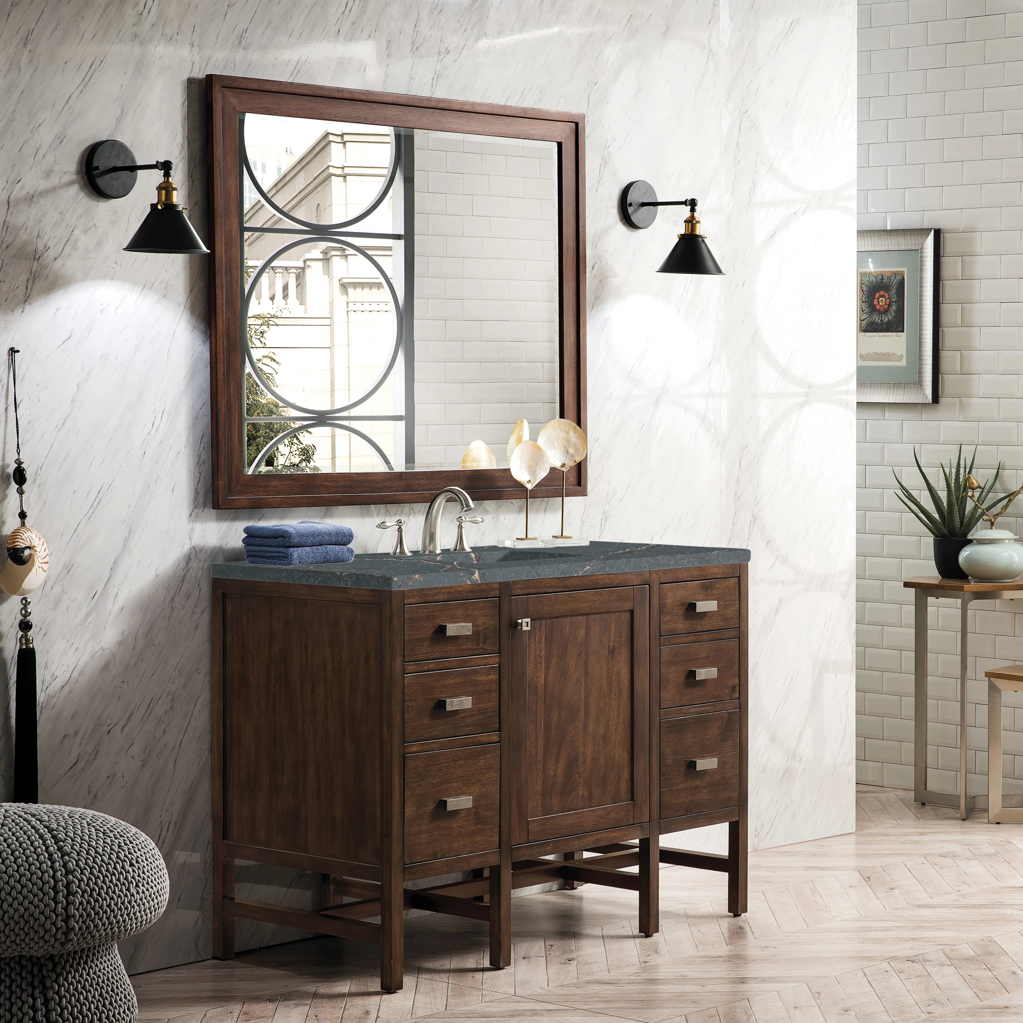 Addison 48" Single Vanity, Mid-Century Acacia w/ 3 CM Parisien Bleu Silestone Top