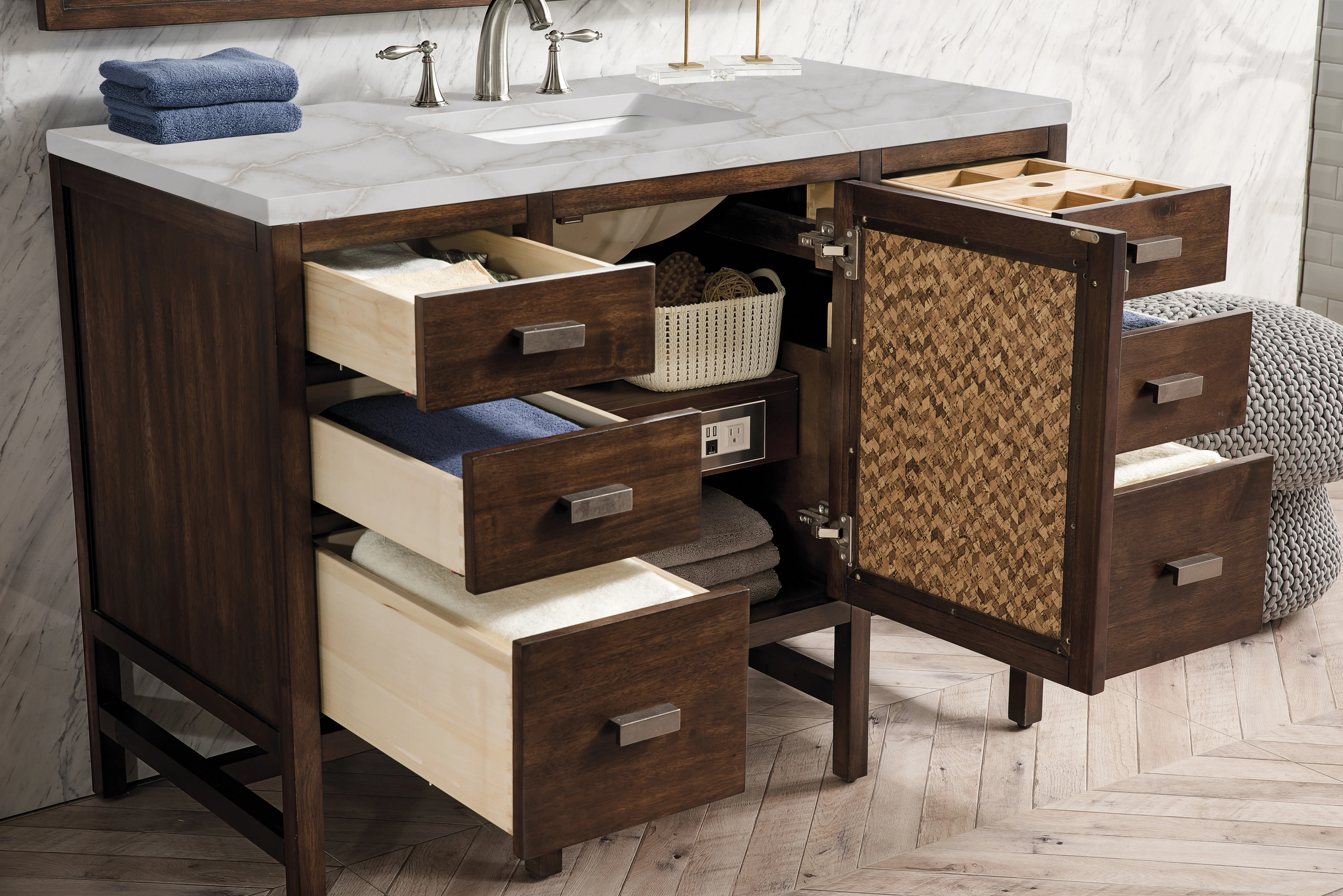 Addison 48" Single Vanity, Mid-Century Acacia w/ 3 CM Victorian Silver Silestone Top