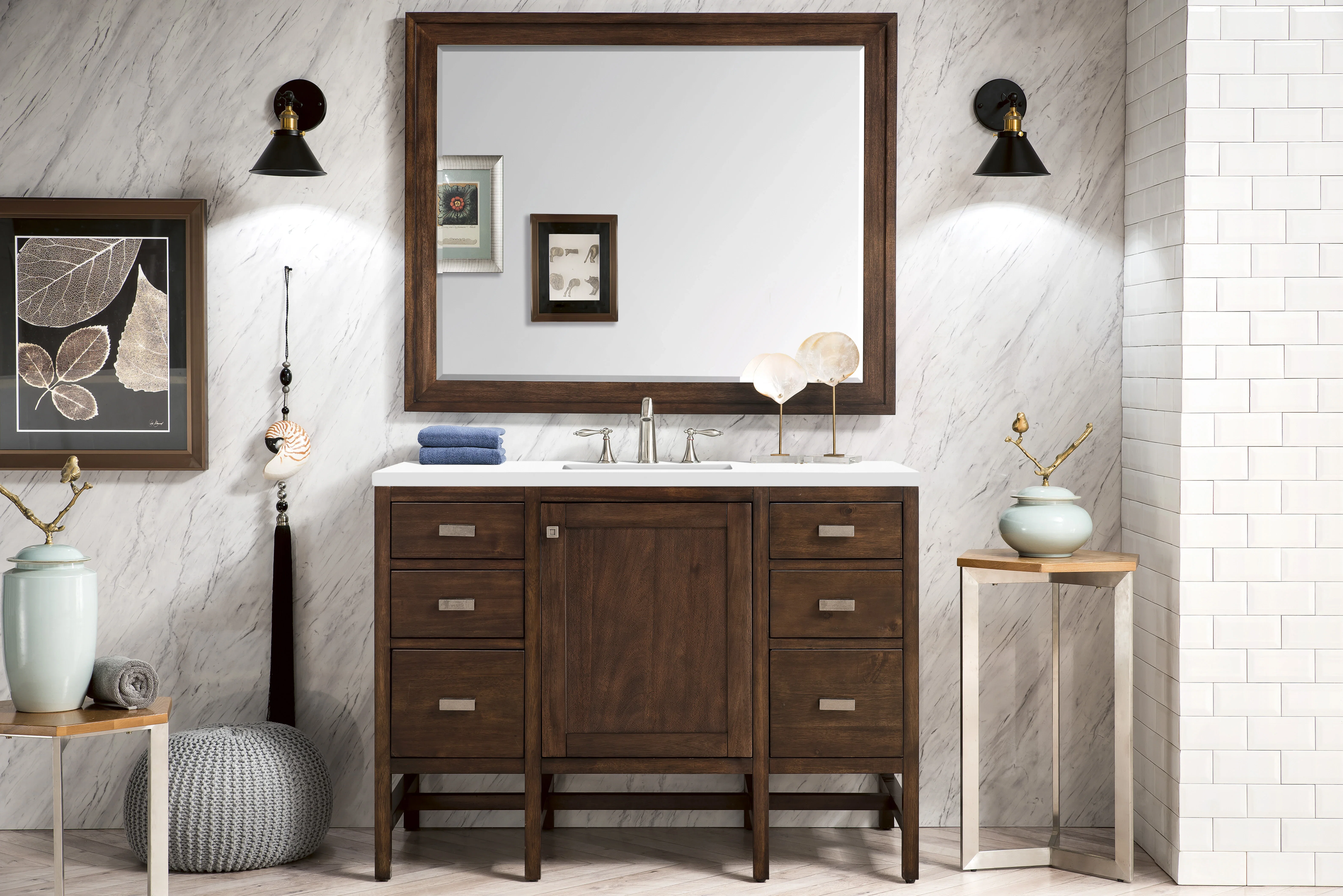 Addison 48" Single Vanity, Mid-Century Acacia w/ 3 CM White Zeus Silestone Top