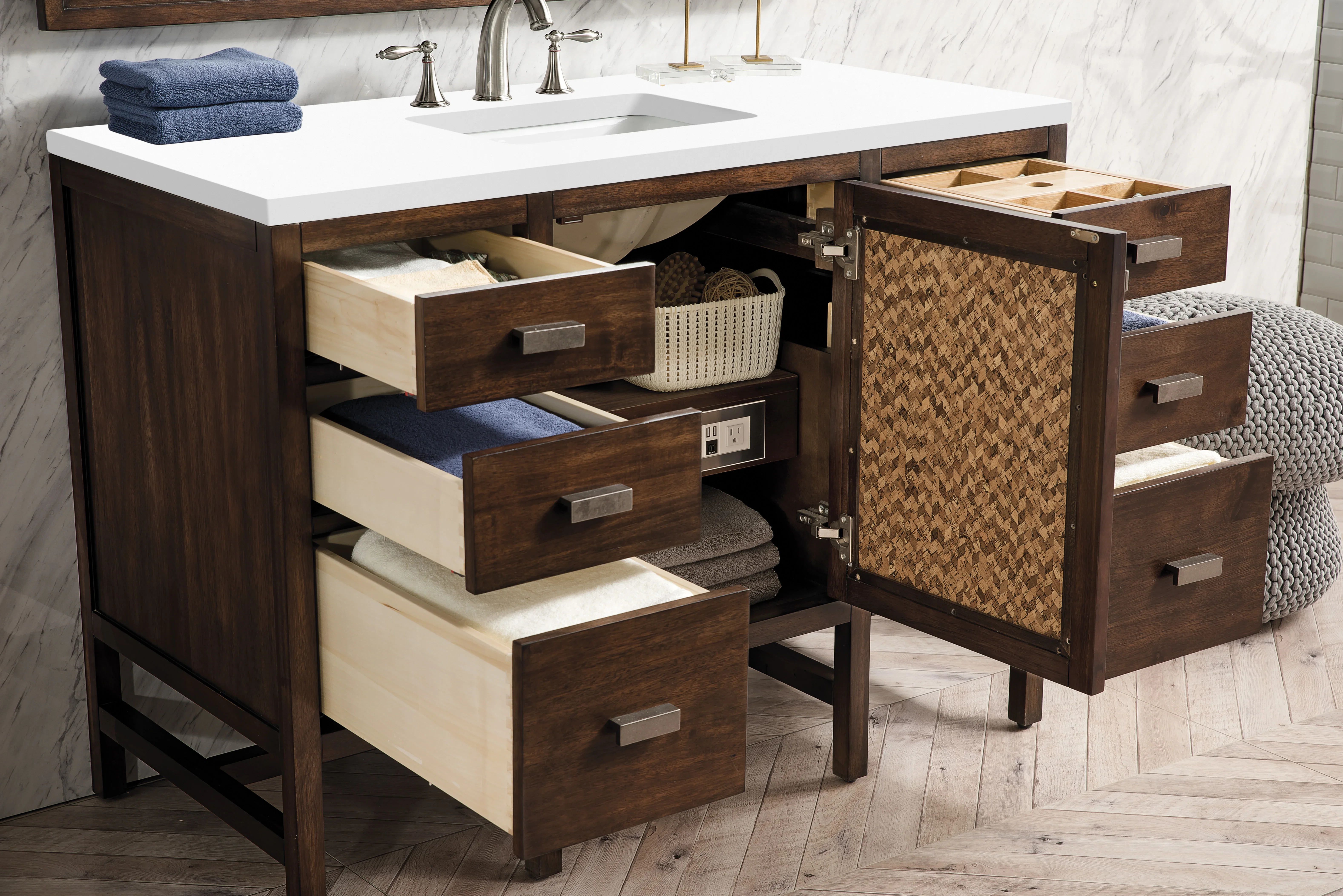 Addison 48" Single Vanity, Mid-Century Acacia w/ 3 CM White Zeus Silestone Top