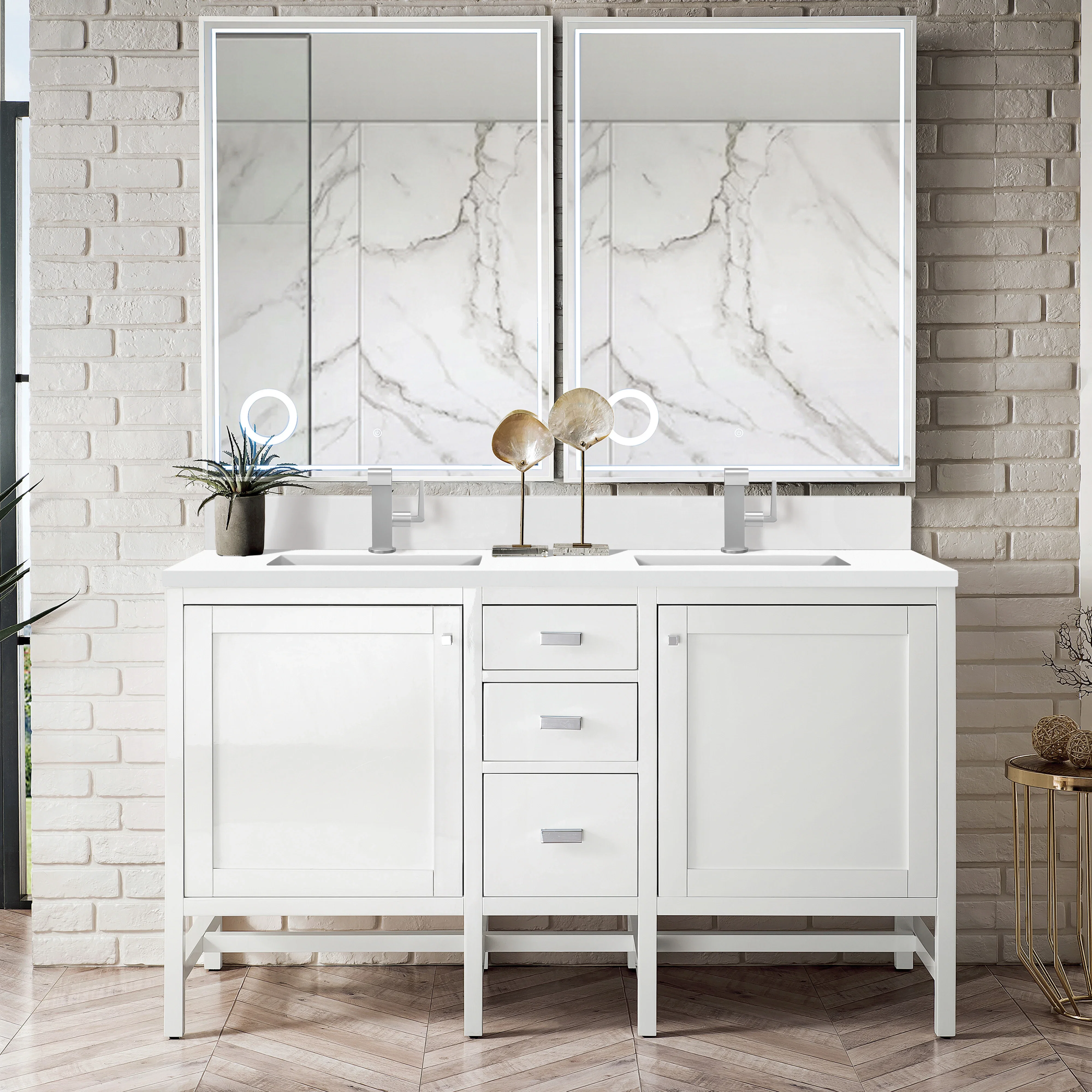 Addison 60" Double Vanity, Glossy White w/ Single Hole 3 CM White Zeus Silestone Top & Backsplash