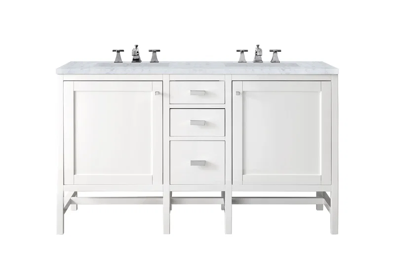 Addison 60" Double Vanity, Glossy White w/ 3 CM Carrara White Top