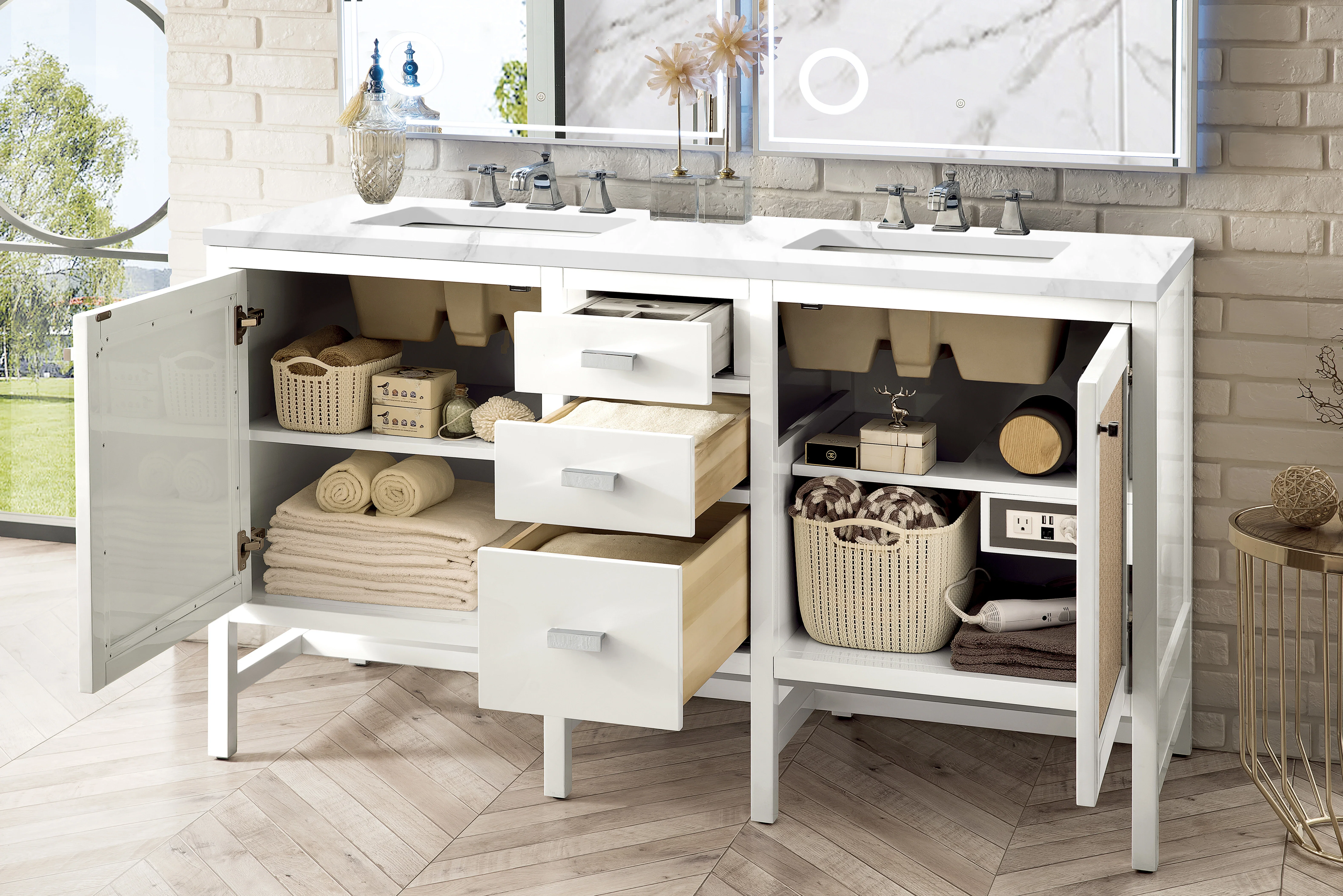 Addison 60" Double Vanity, Glossy White w/ 3 CM Carrara White Top