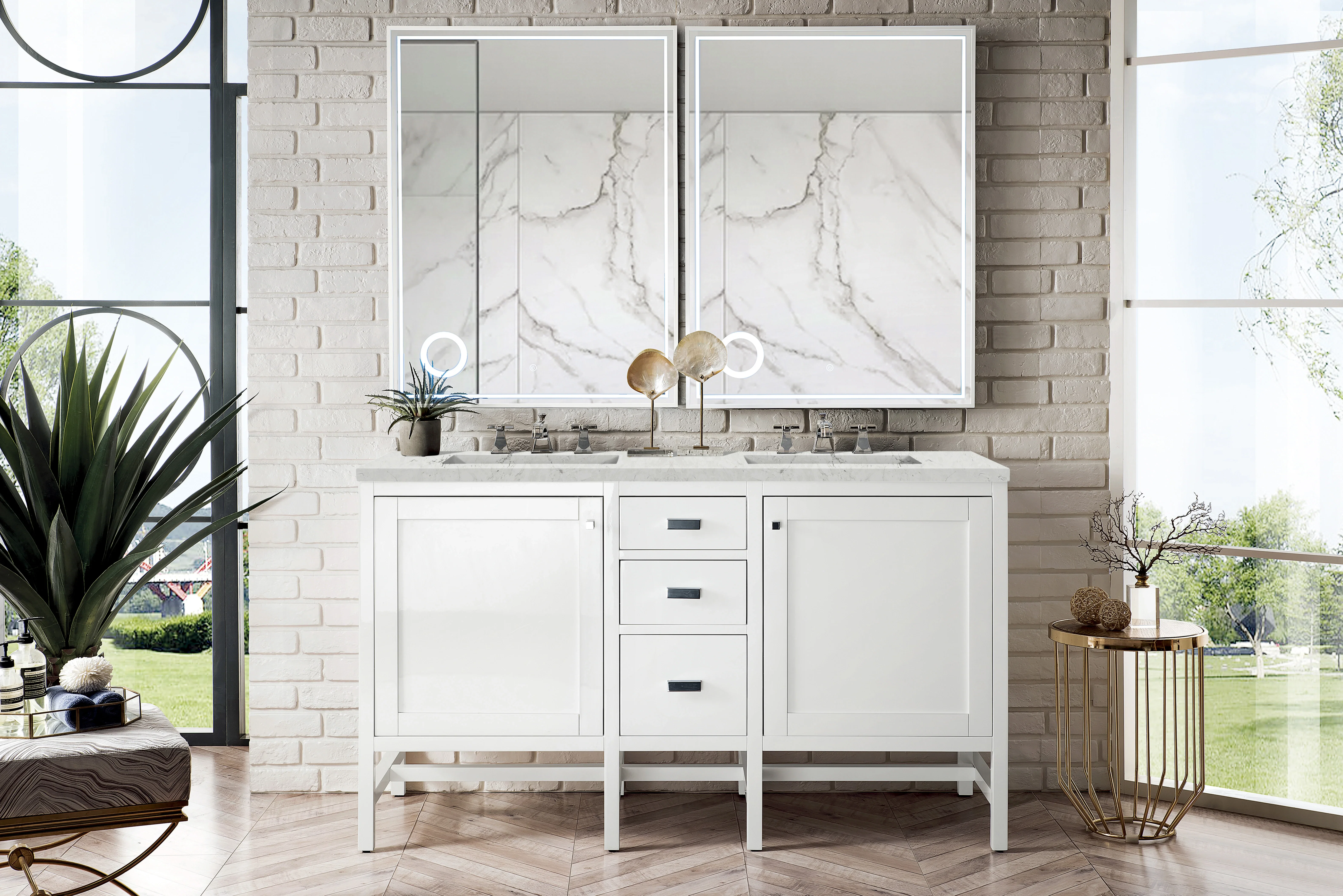 Addison 60" Double Vanity, Glossy White w/ 3 CM Eternal Jasmine Pearl Silestone Top