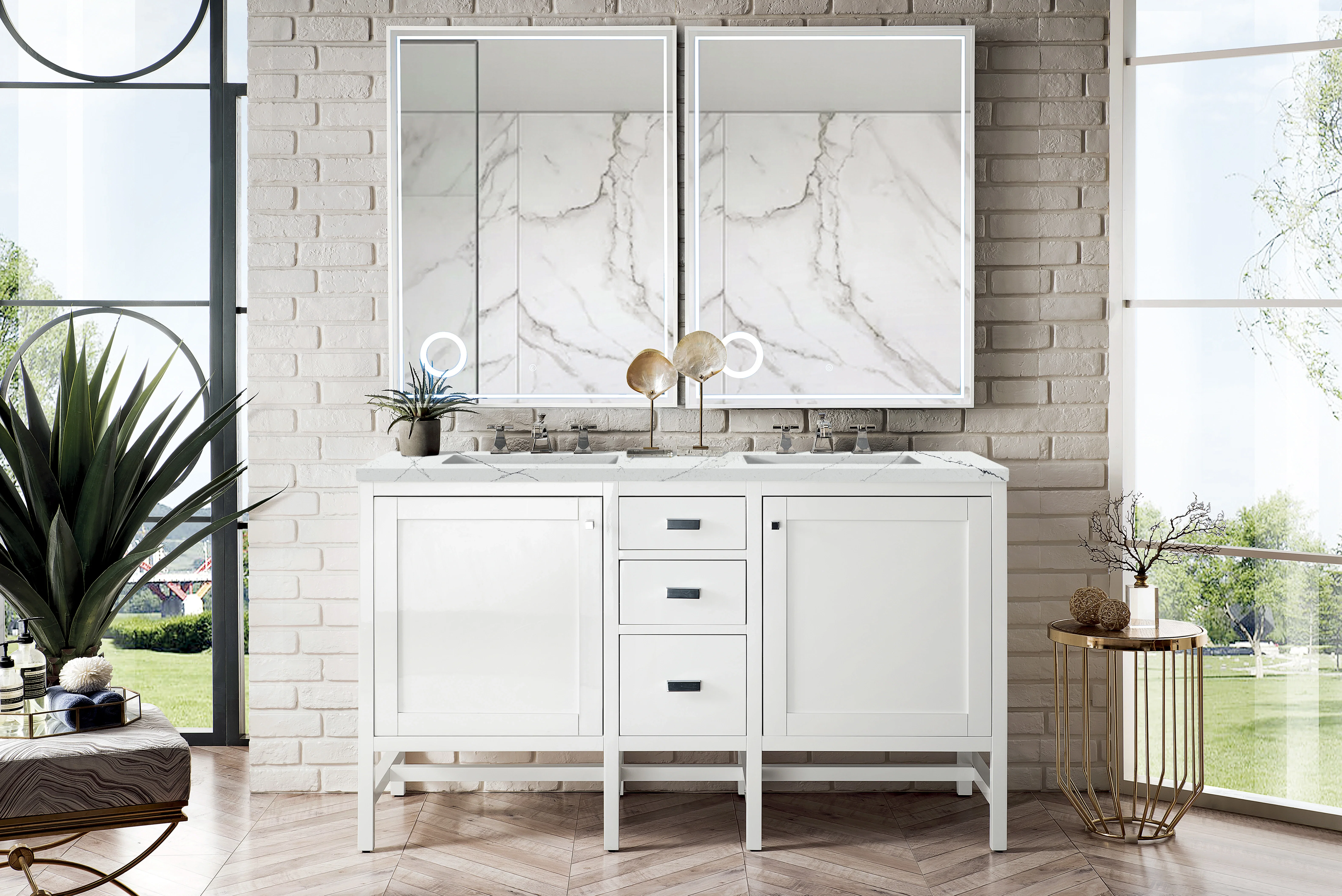 Addison 60" Double Vanity, Glossy White w/ 3 CM Ethereal Noctis Top