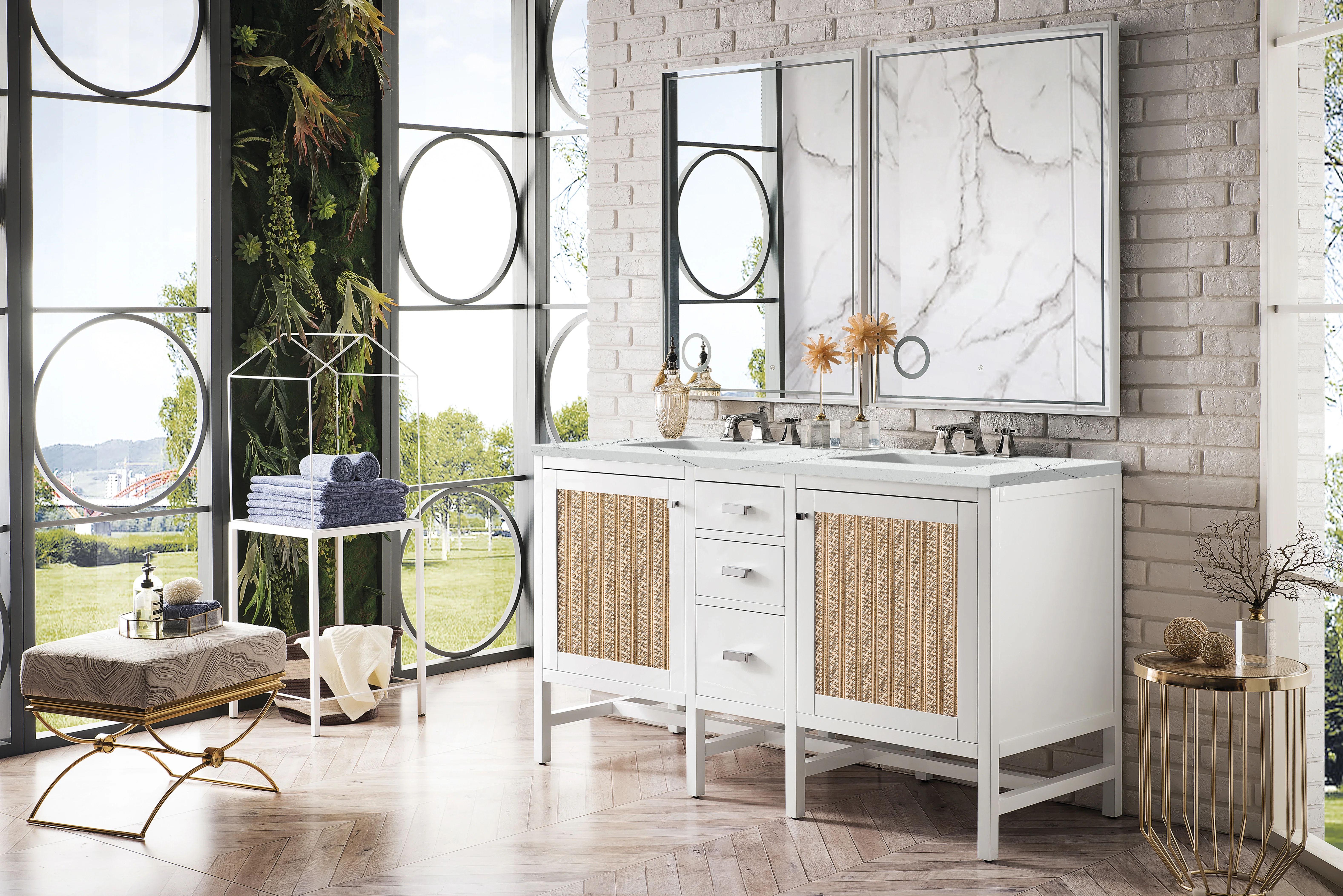 Addison 60" Double Vanity, Glossy White w/ 3 CM Ethereal Noctis Top