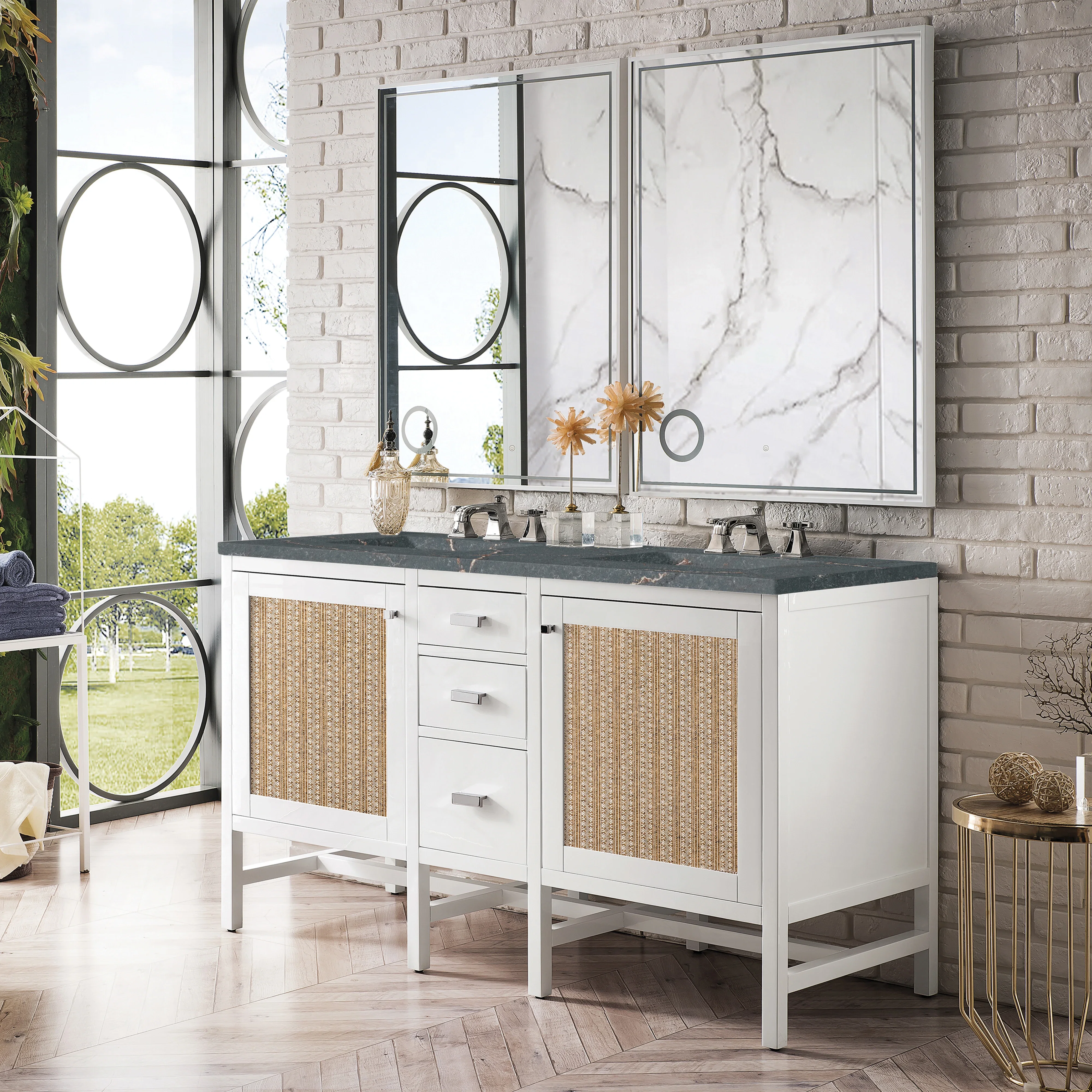 Addison 60" Double Vanity, Glossy White w/ 3 CM Parisien Bleu Silestone Top