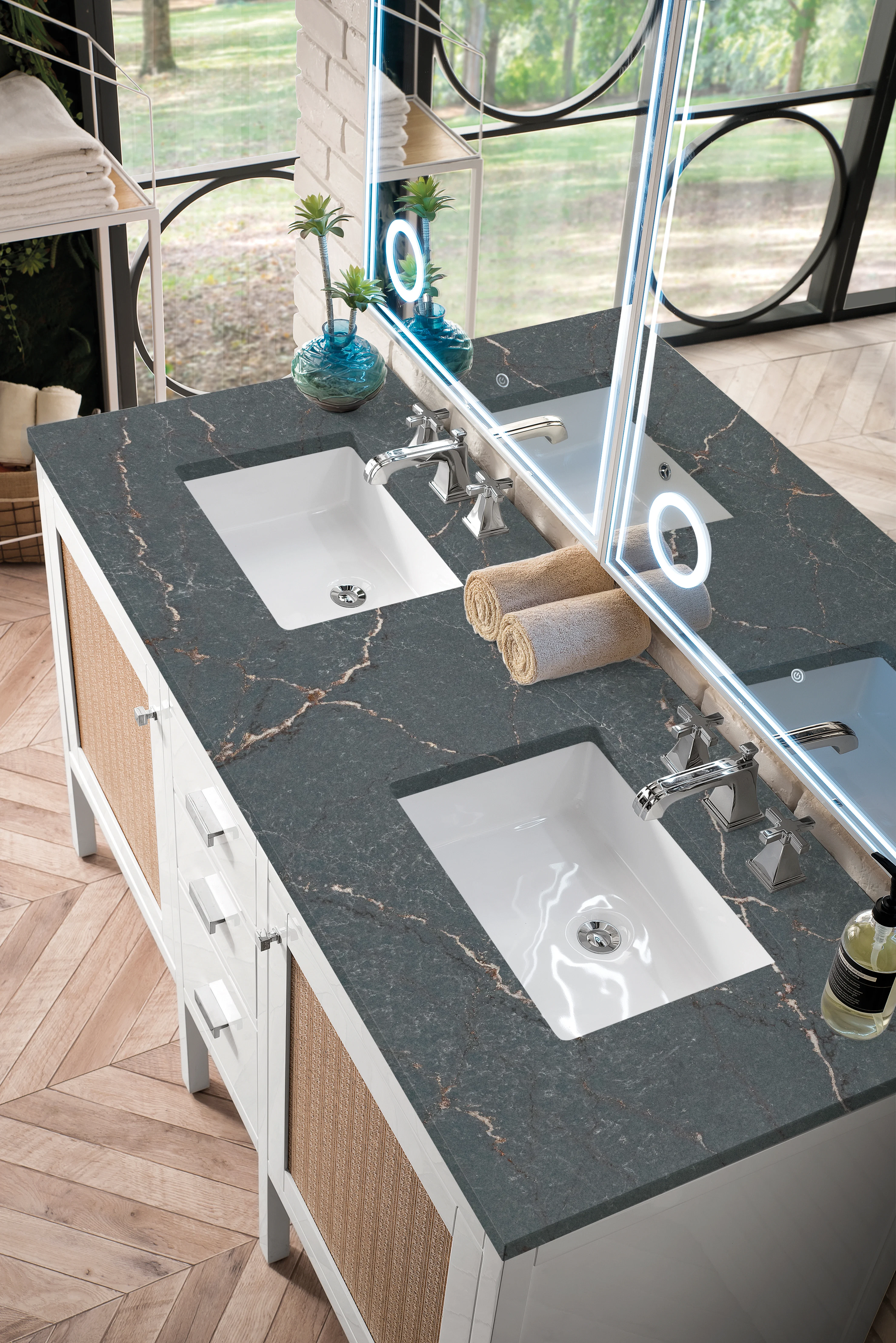 Addison 60" Double Vanity, Glossy White w/ 3 CM Parisien Bleu Silestone Top