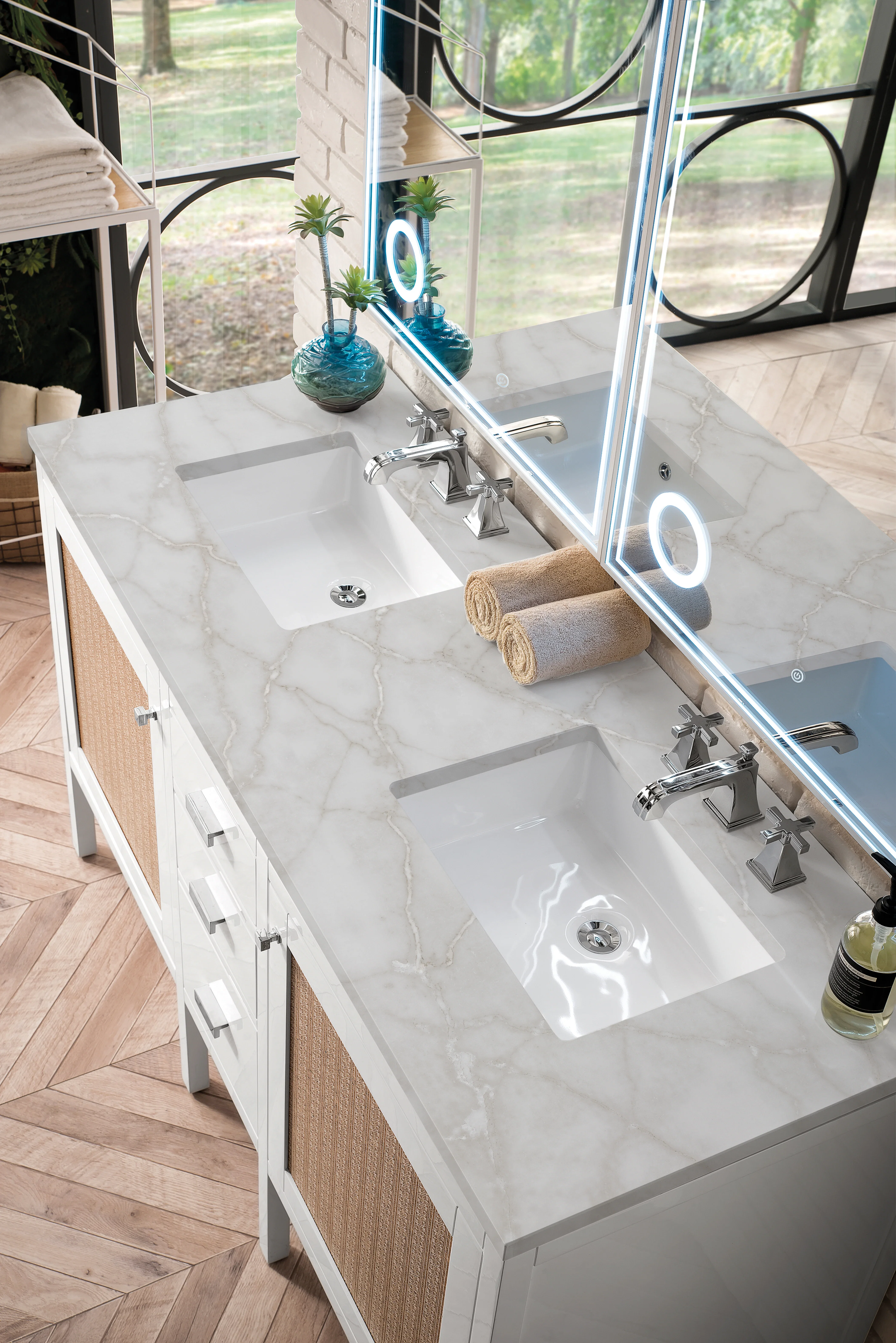 Addison 60" Double Vanity, Glossy White w/ 3 CM Victorian Silver Silestone Top