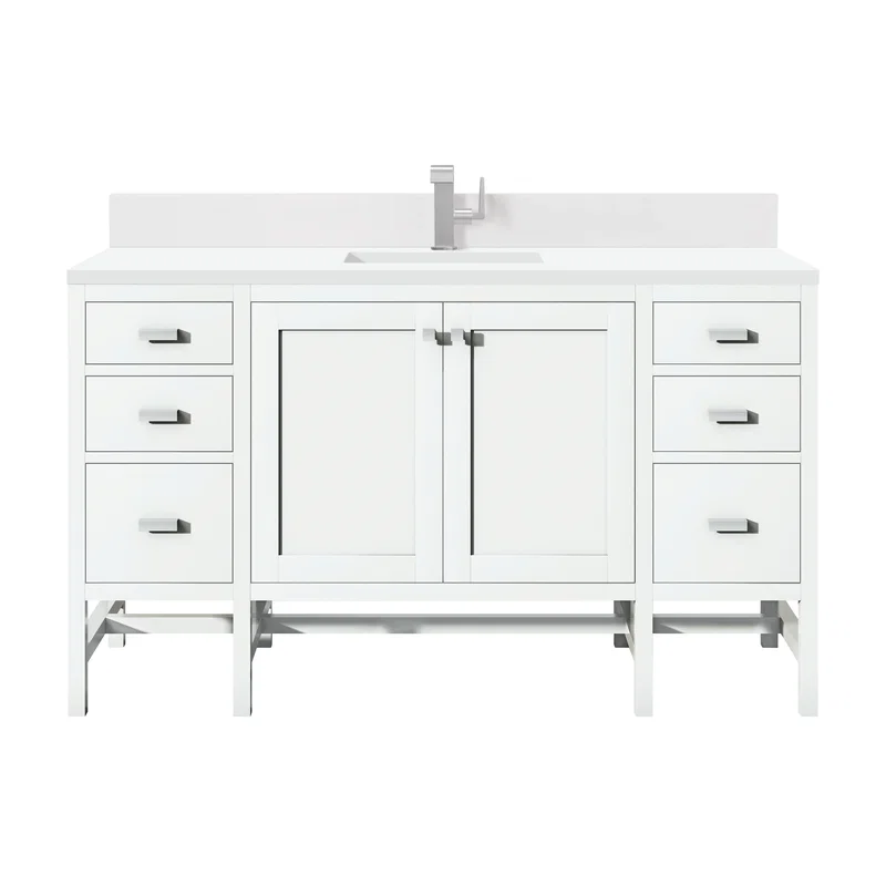 Addison 60" Single Vanity, Glossy White w/ Single Hole 3 CM White Zeus Silestone Top & Backsplash