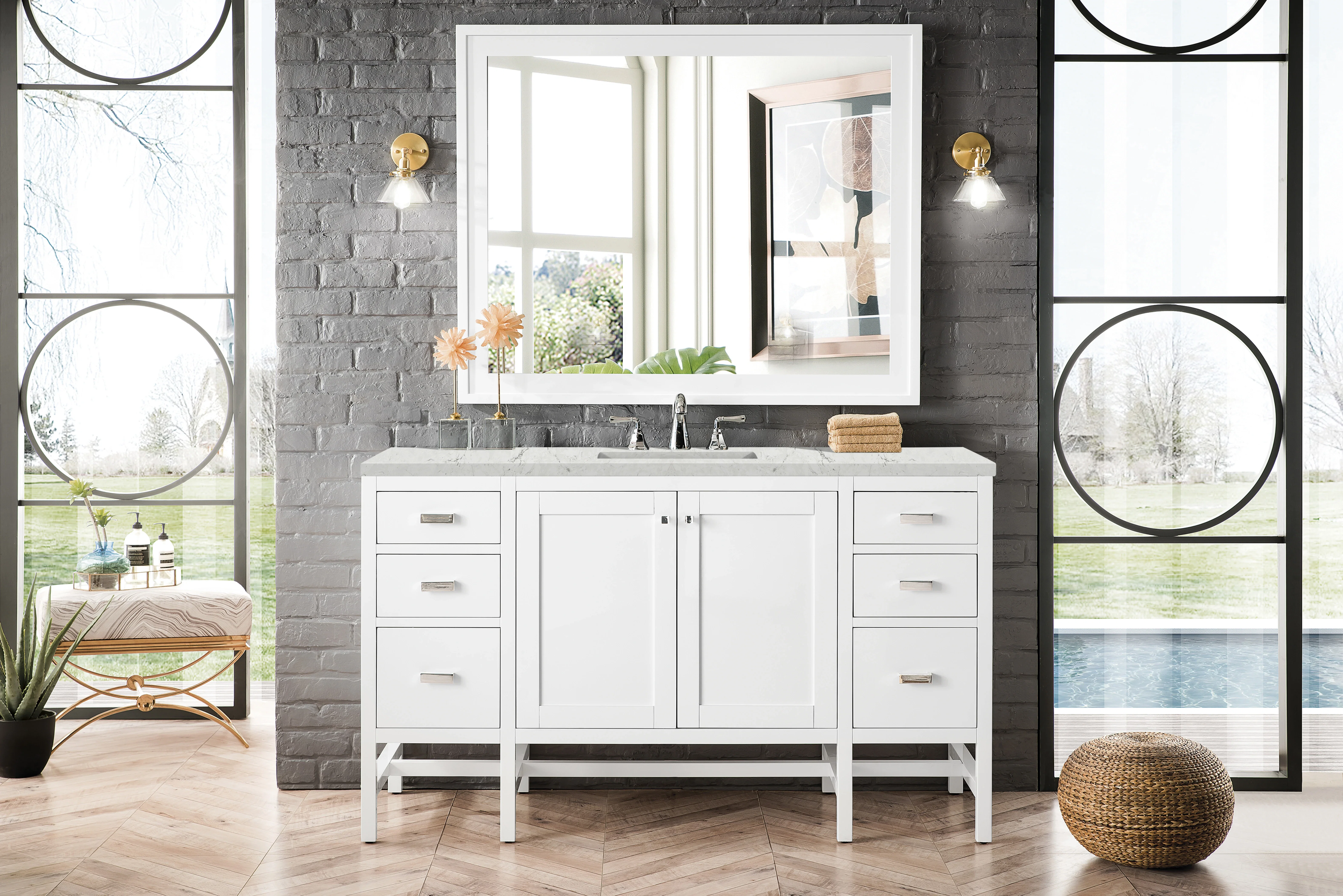 Addison 60" Single Vanity, Glossy White w/ 3 CM Eternal Jasmine Pearl Silestone Top