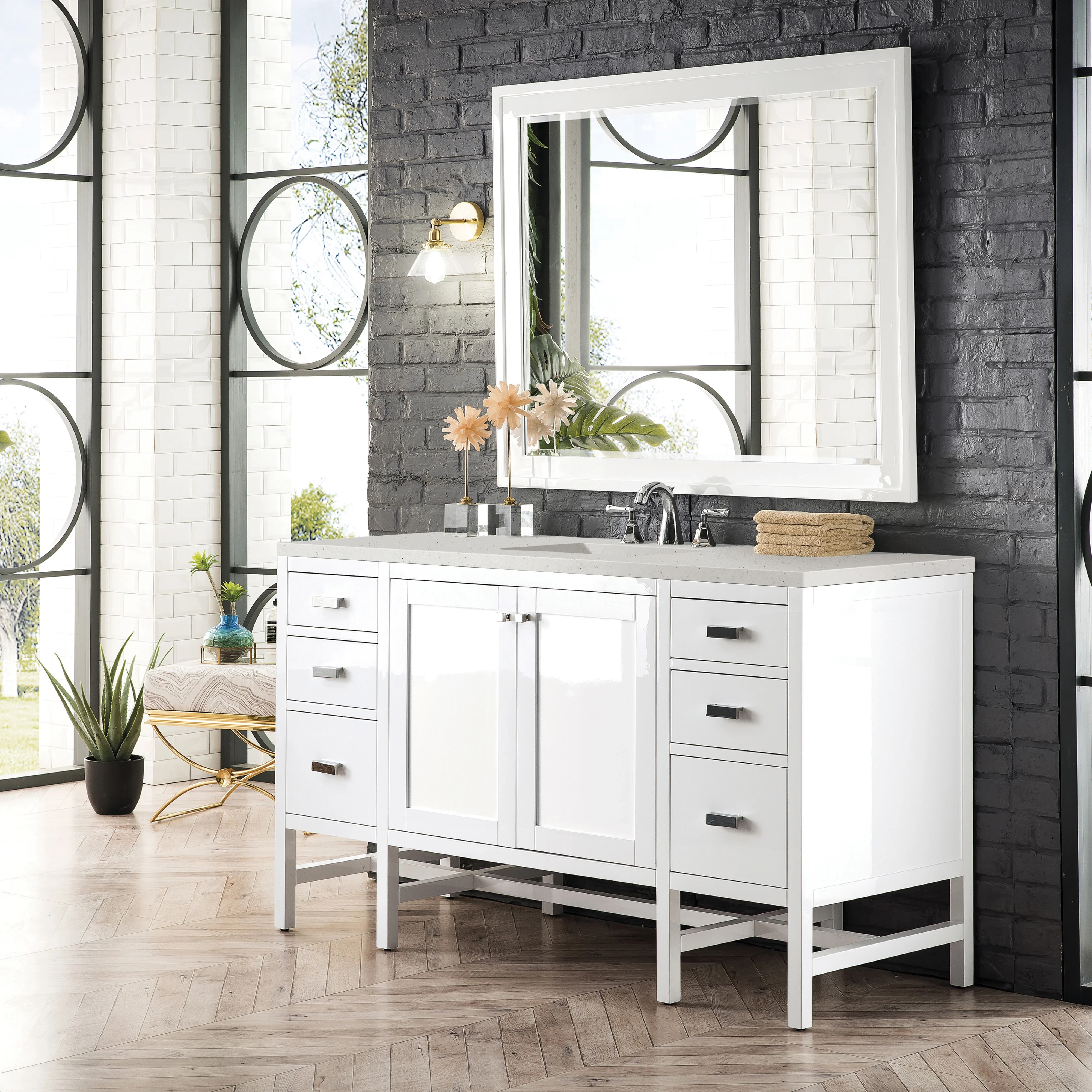 Addison 60" Single Vanity, Glossy White w/ 3 CM Lime Delight Silestone Top