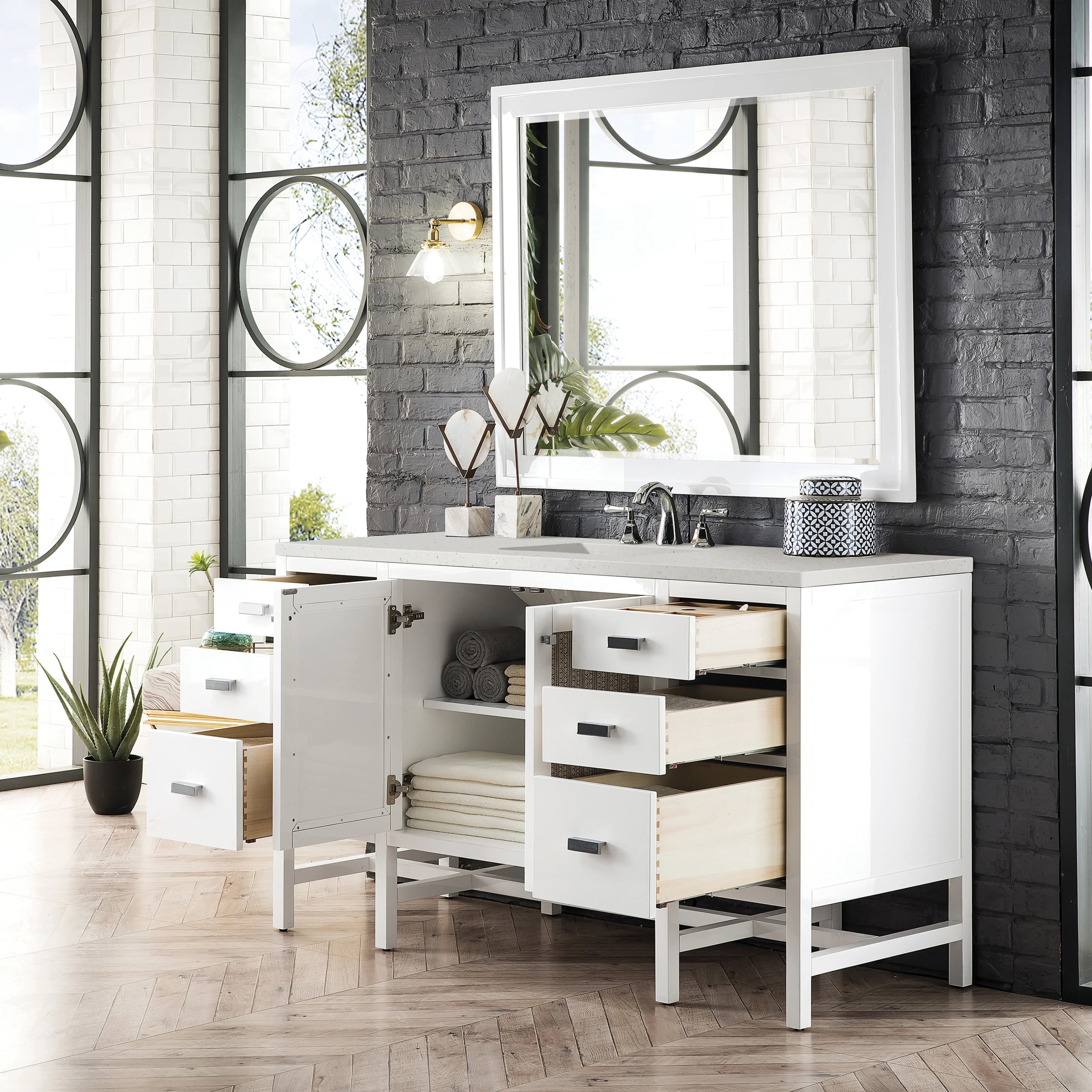 Addison 60" Single Vanity, Glossy White w/ 3 CM Lime Delight Silestone Top