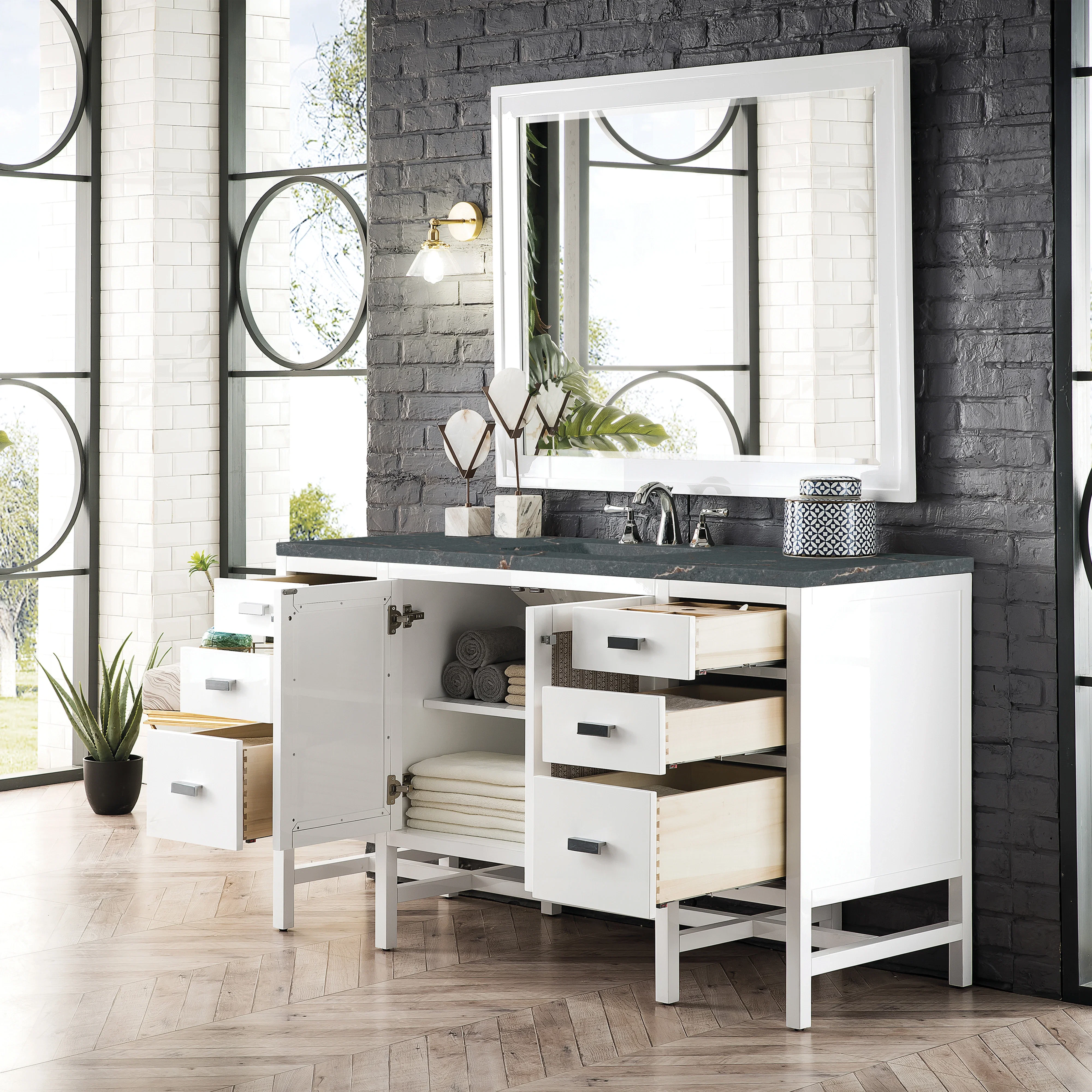 Addison 60" Single Vanity, Glossy White w/ 3 CM Parisien Bleu Silestone Top