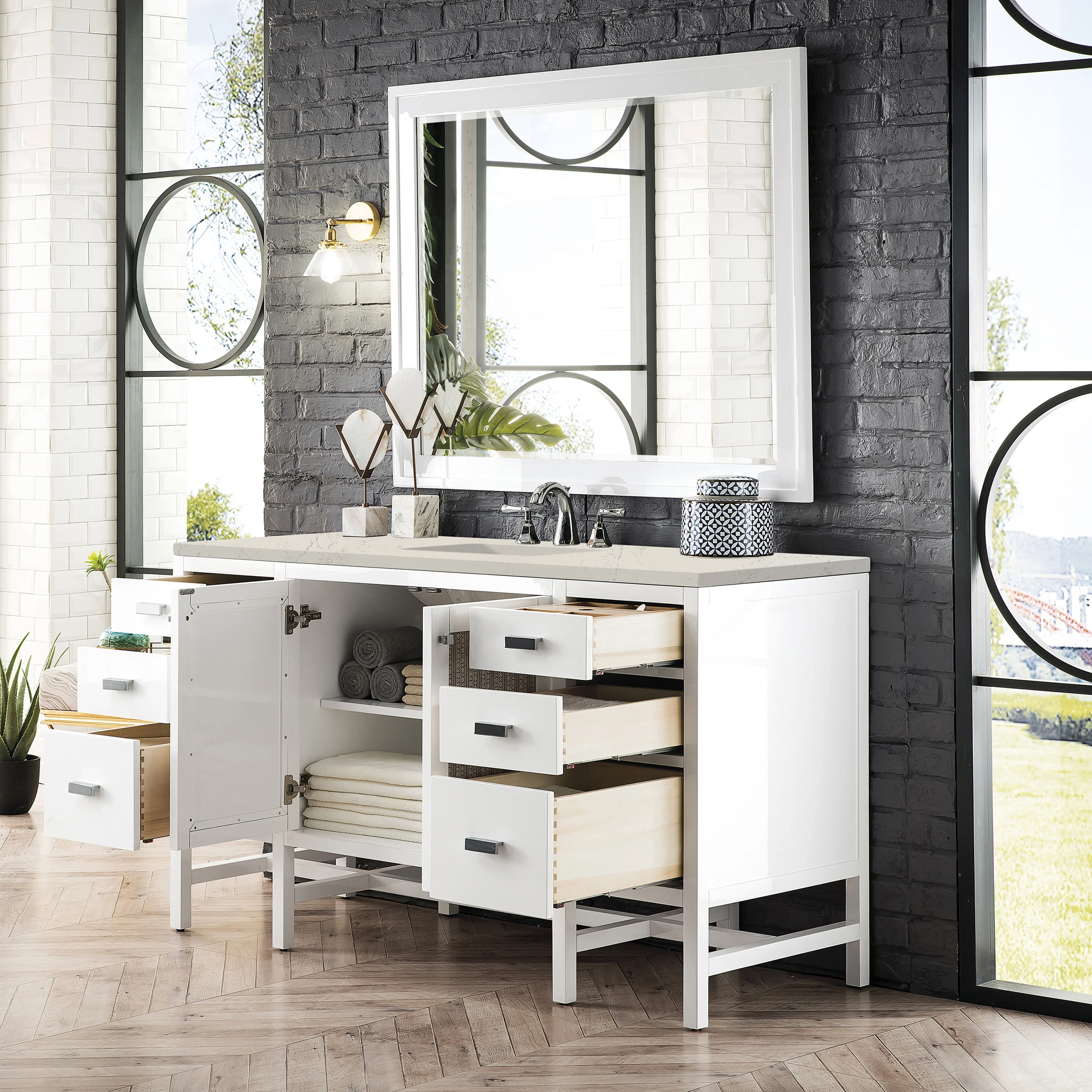 Addison 60" Single Vanity, Glossy White, w/ 3 CM Siberian Silestone Top