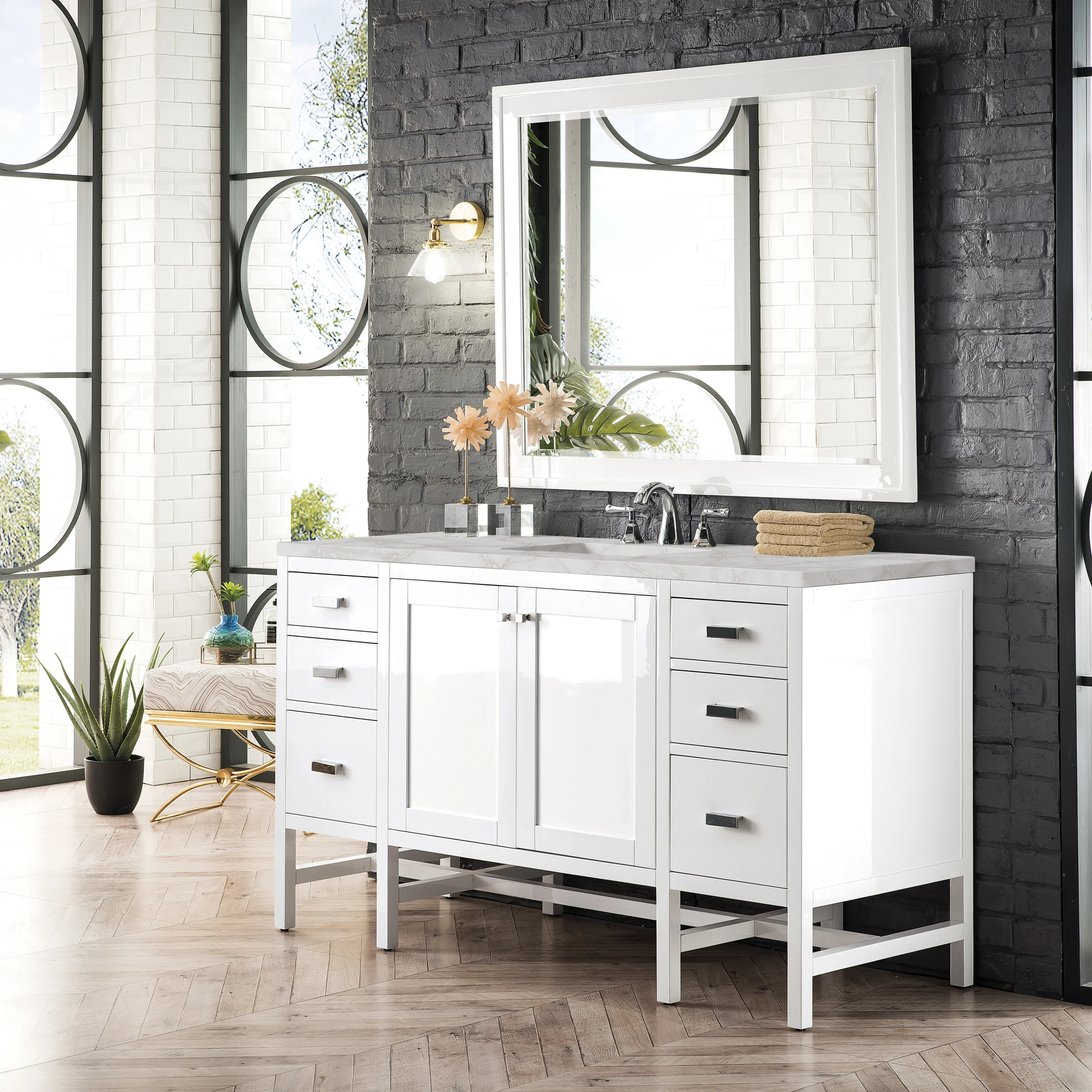 Addison 60" Single Vanity, Glossy White w/ 3 CM Victorian Silver Silestone Top