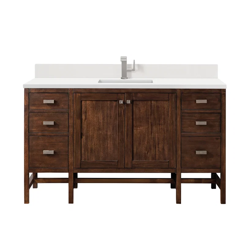 Addison 60" Single Vanity, Mid-Century Acacia w/ Single Hole 3 CM White Zeus Silestone Top & Backsplash