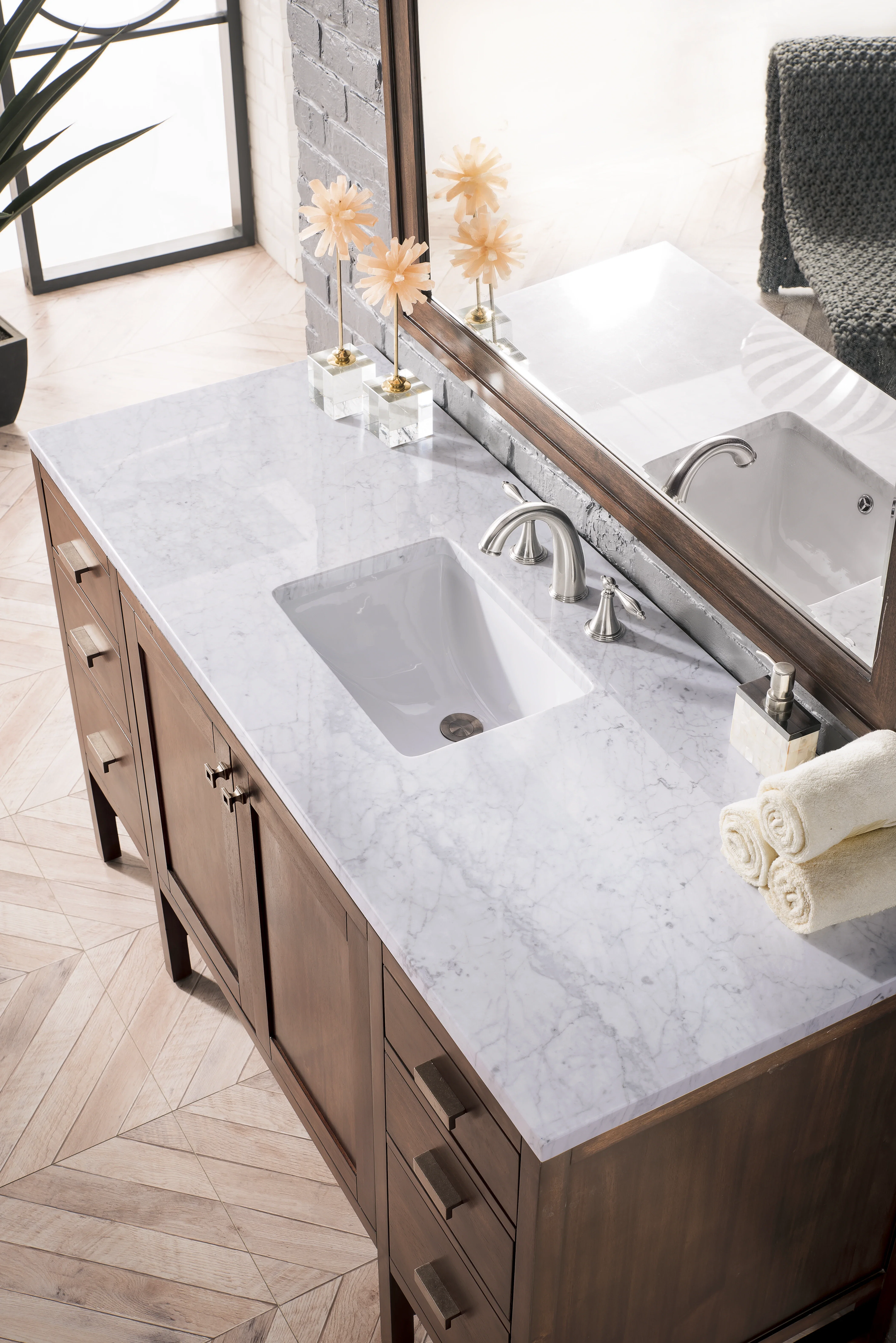 Addison 60" Single Vanity, Mid-Century Acacia w/ 3 CM Carrara White Top