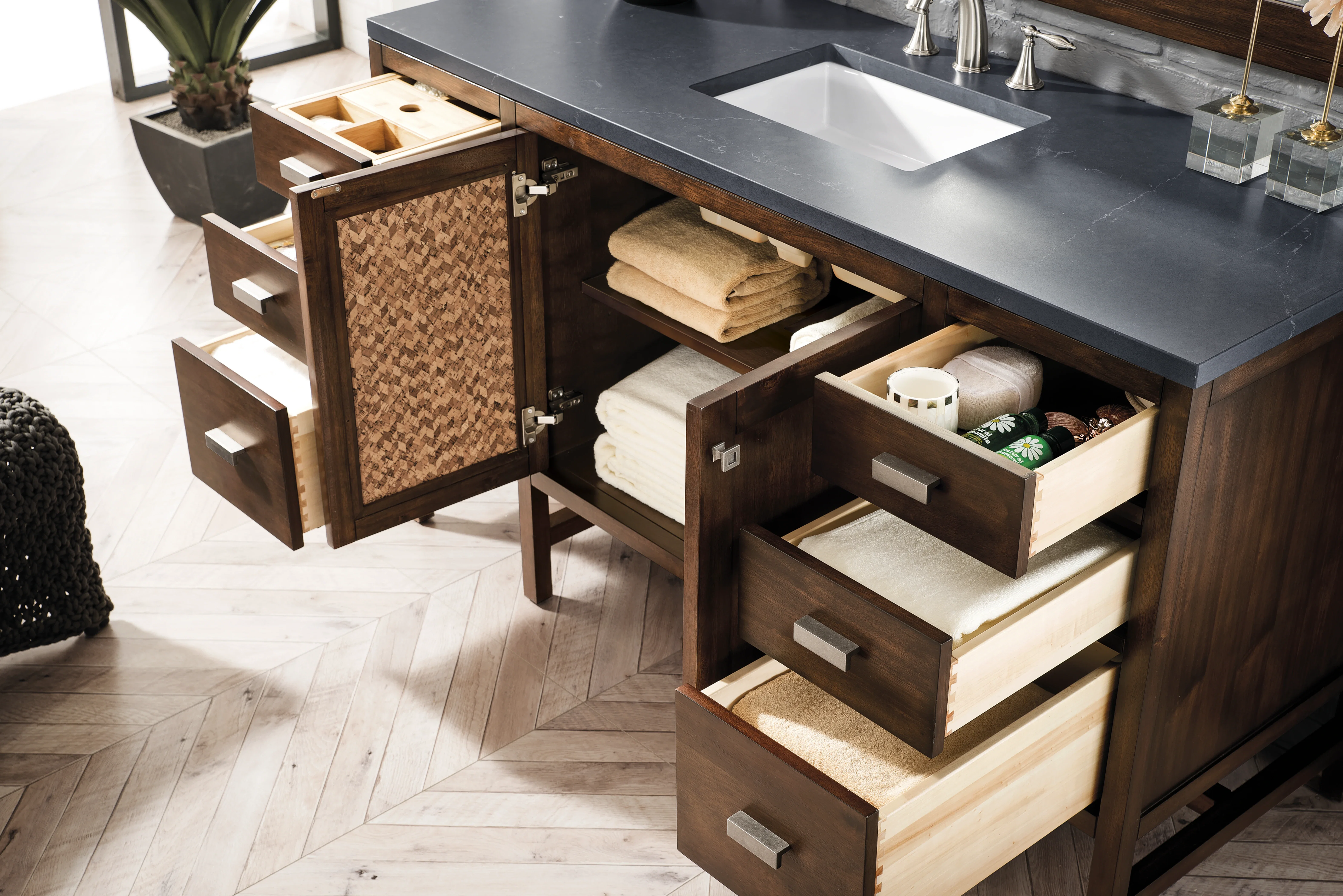 Addison 60" Single Vanity, Mid-Century Acacia w/ 3 CM Charcoal Soapstone Silestone Top