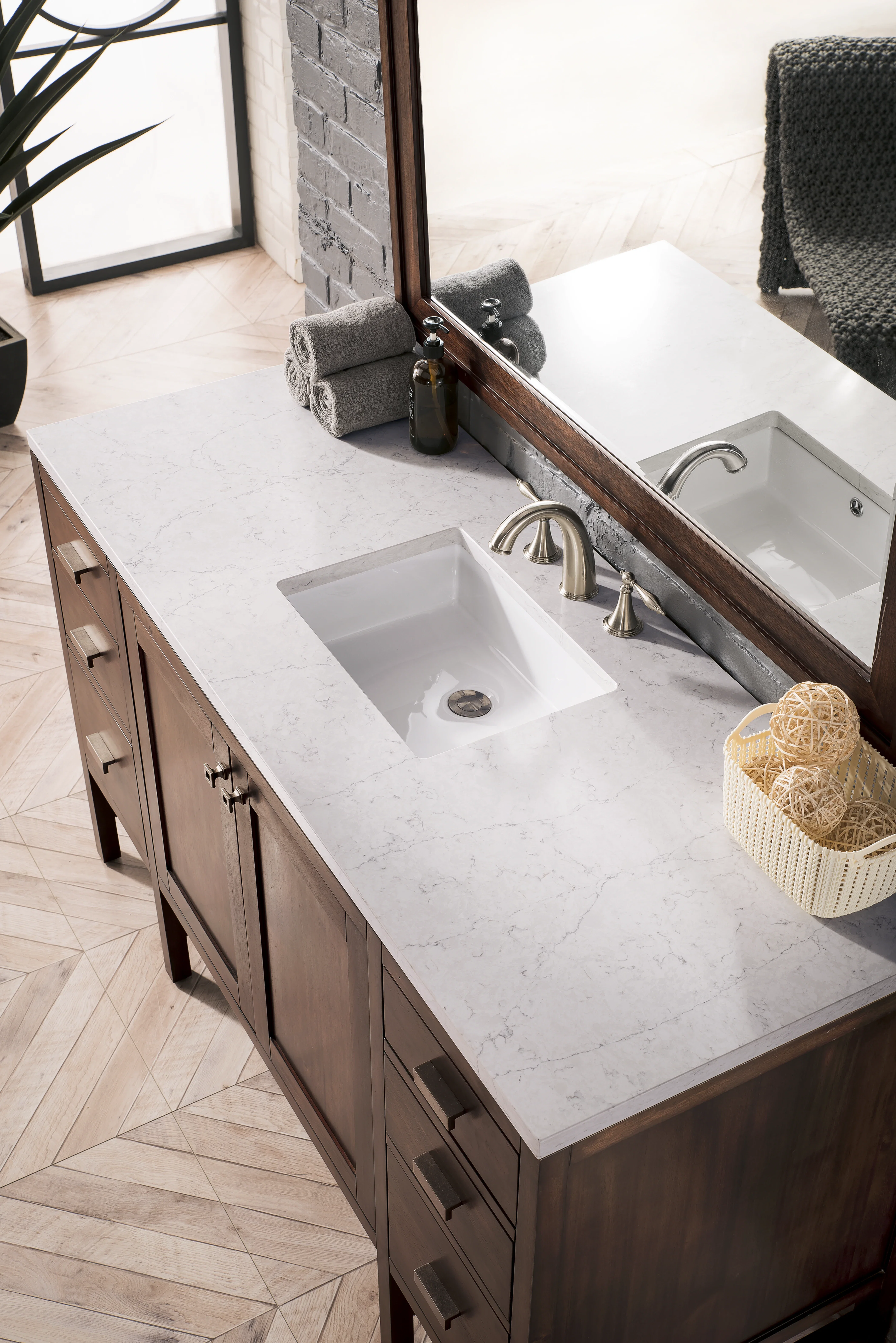 Addison 60" Single Vanity, Mid-Century Acacia w/ 3 CM Eternal Jasmine Pearl Silestone Top