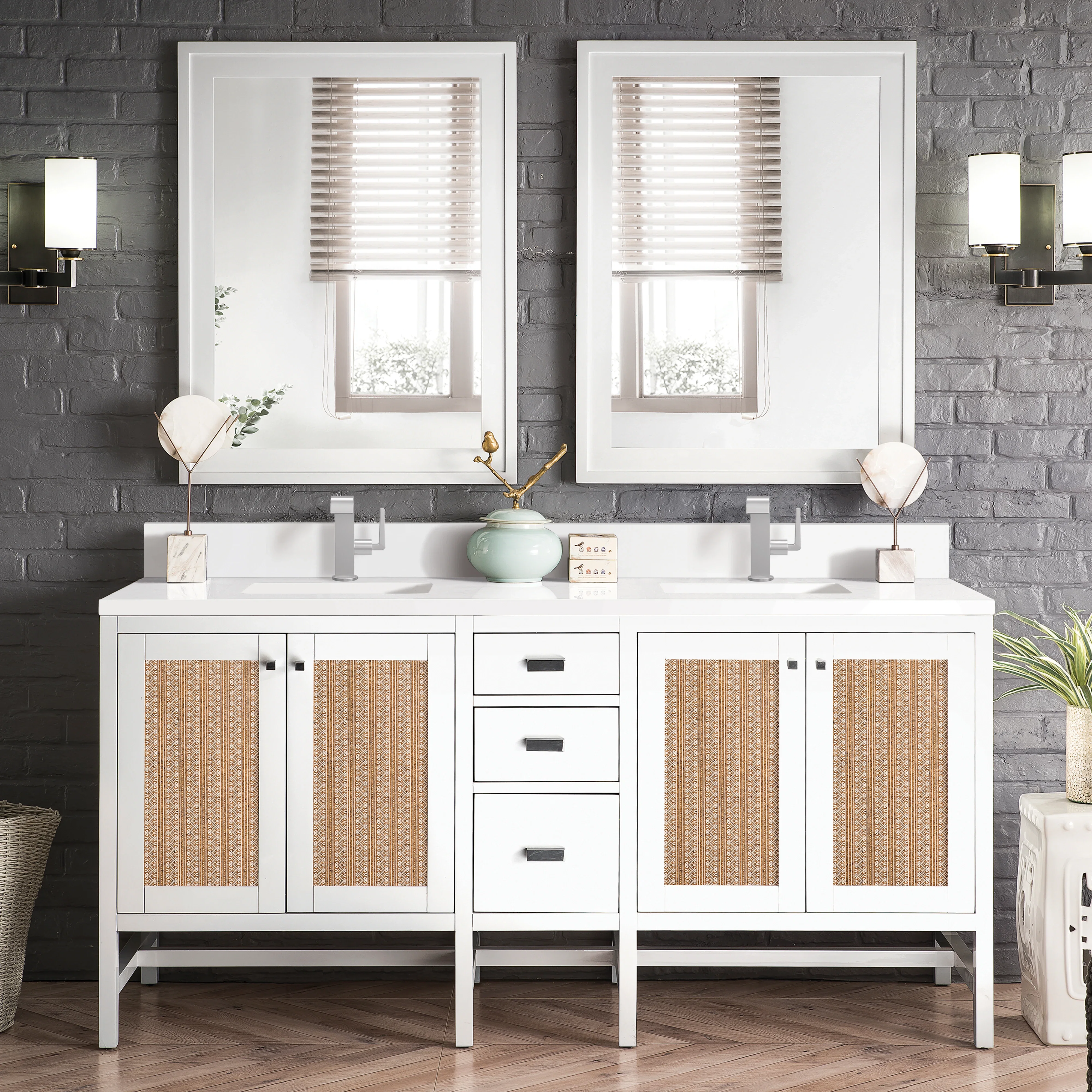 Addison 72" Double Vanity, Glossy White w/ Single Hole 3 CM White Zeus Silestone Top & Backsplash