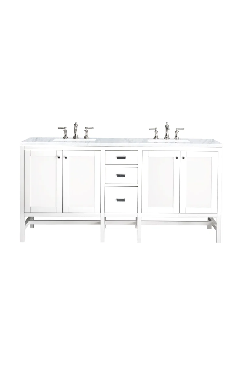 Addison 72" Double Vanity, Glossy White w/ 3 CM Carrara White Top