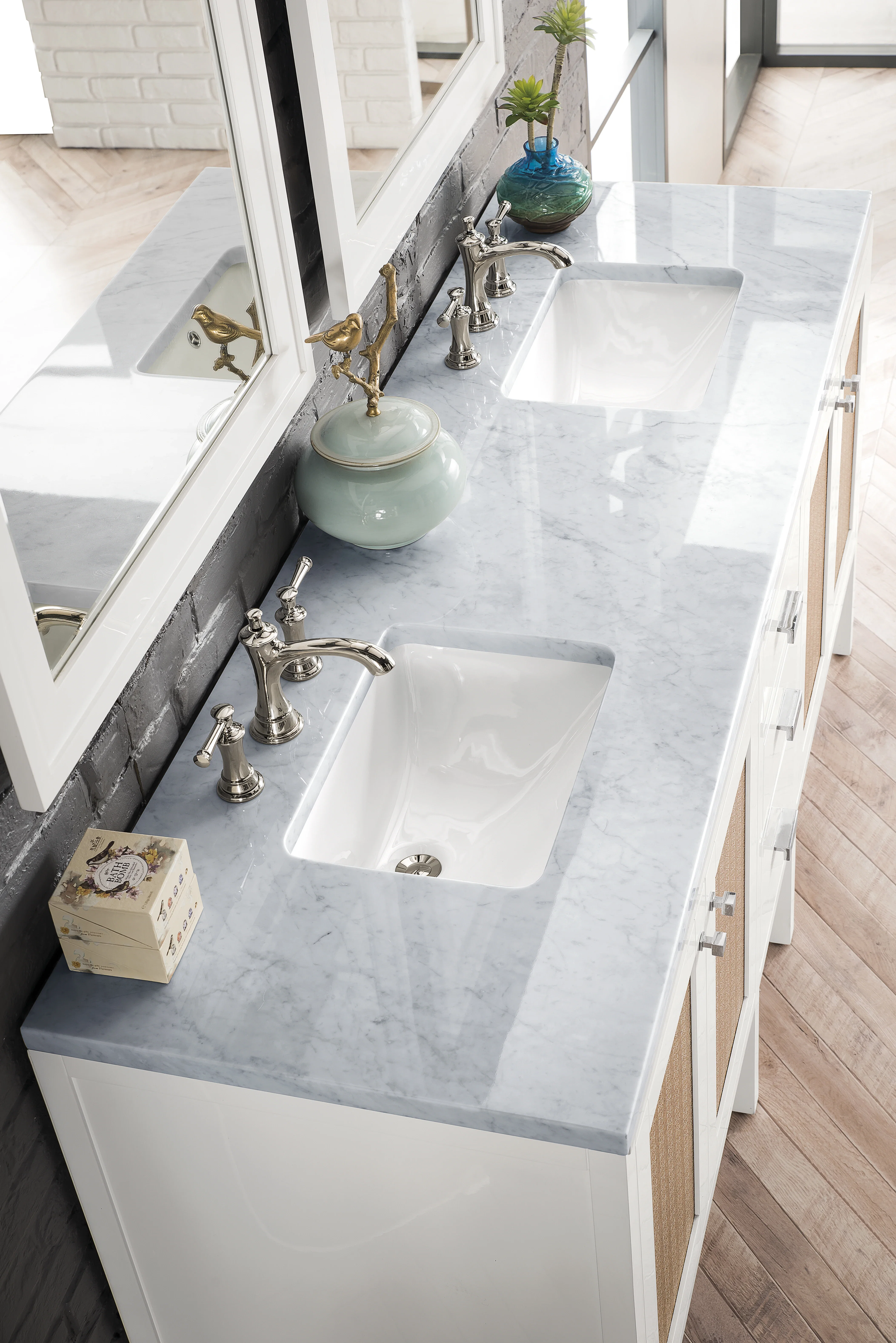 Addison 72" Double Vanity, Glossy White w/ 3 CM Carrara White Top