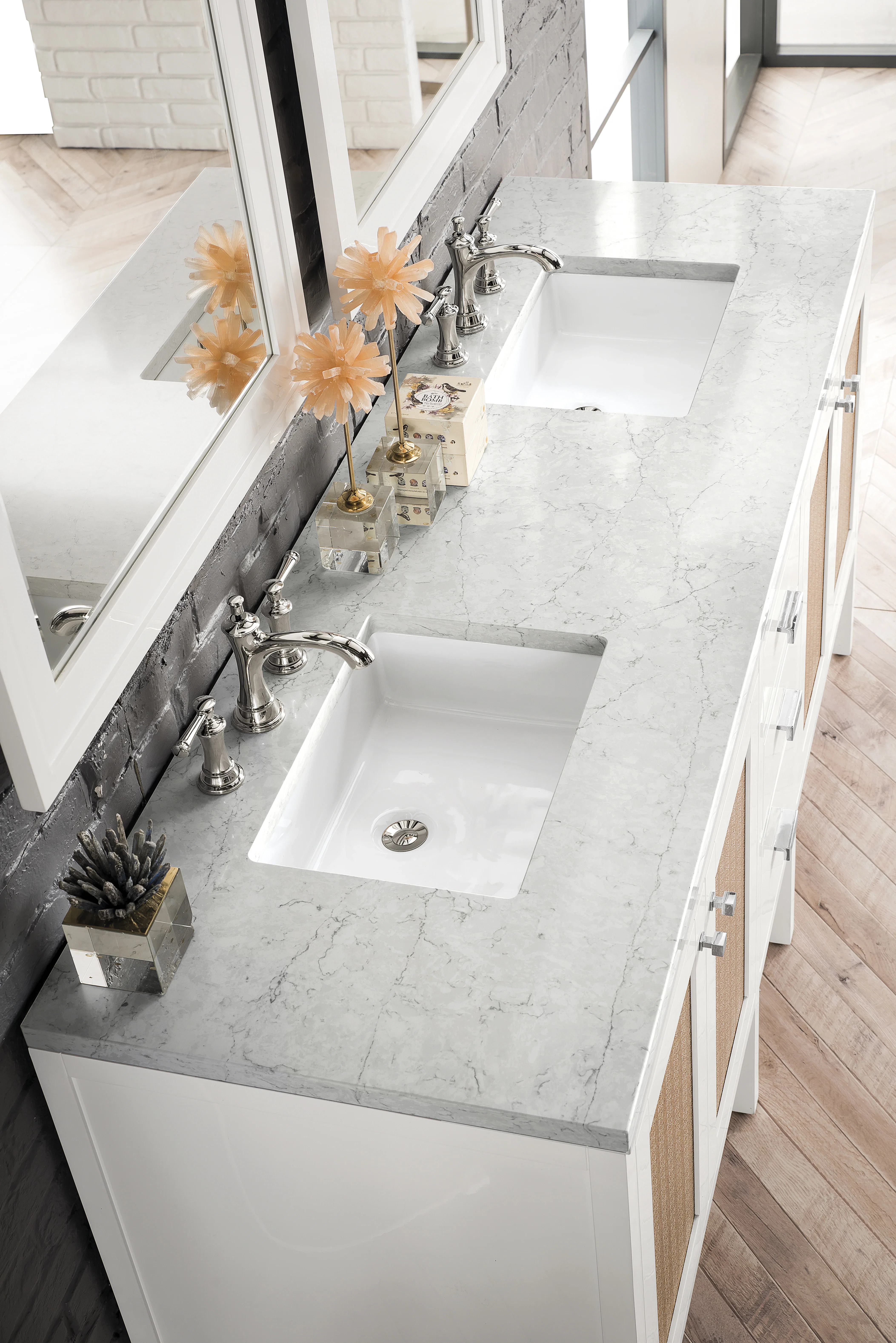 Addison 72" Double Vanity, Glossy White w/ 3 CM Eternal Jasmine Pearl Silestone Top
