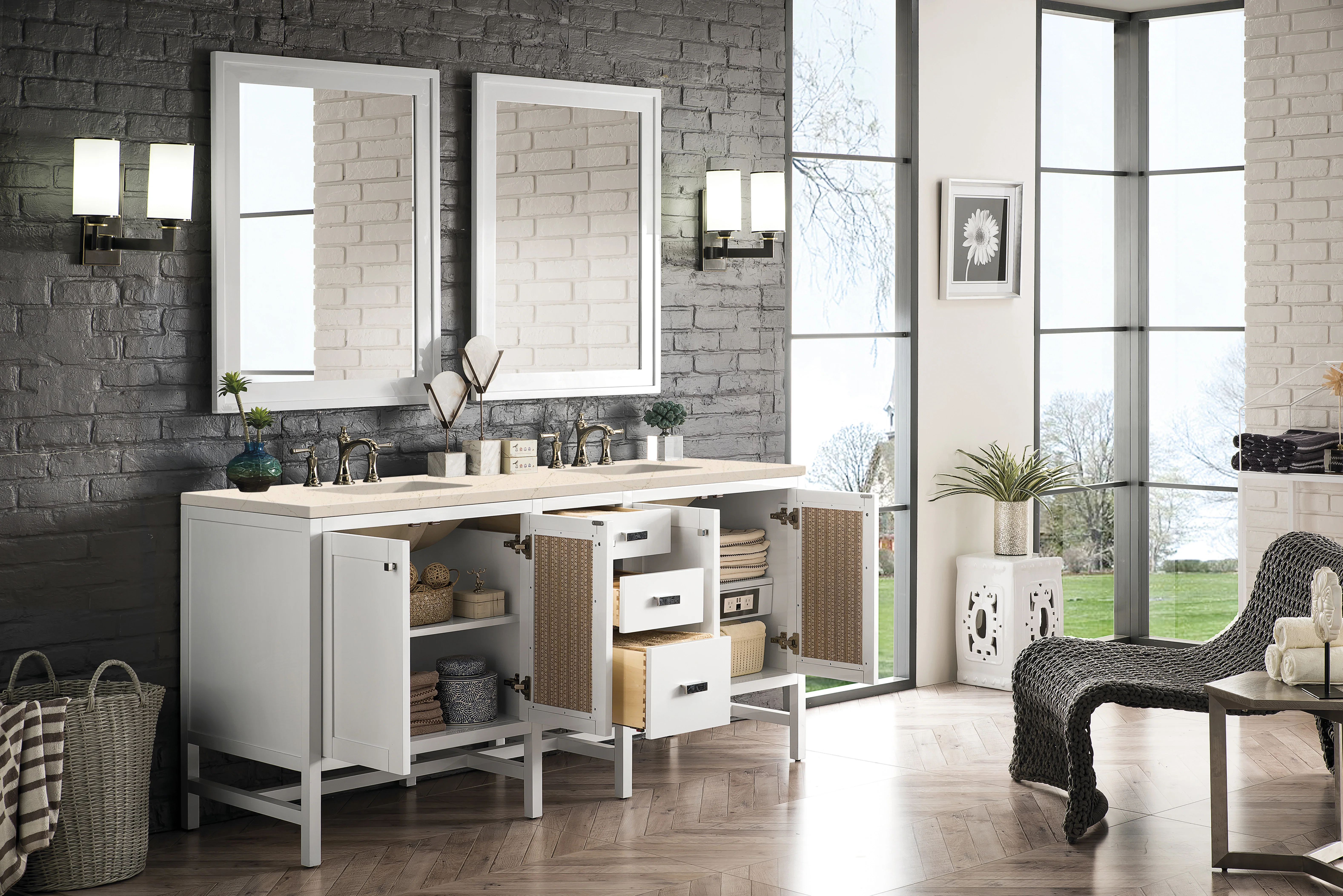 Addison 72" Double Vanity, Glossy White w/ 3 CM Eternal Marfil Top