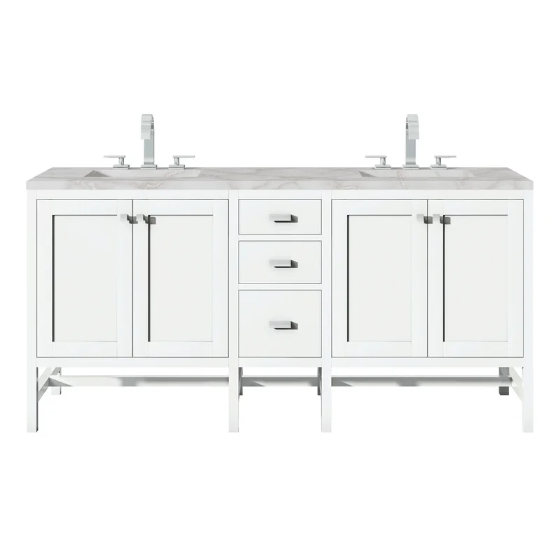 Addison 72" Double Vanity, Glossy White w/ 3 CM Victorian Silver Silestone Top