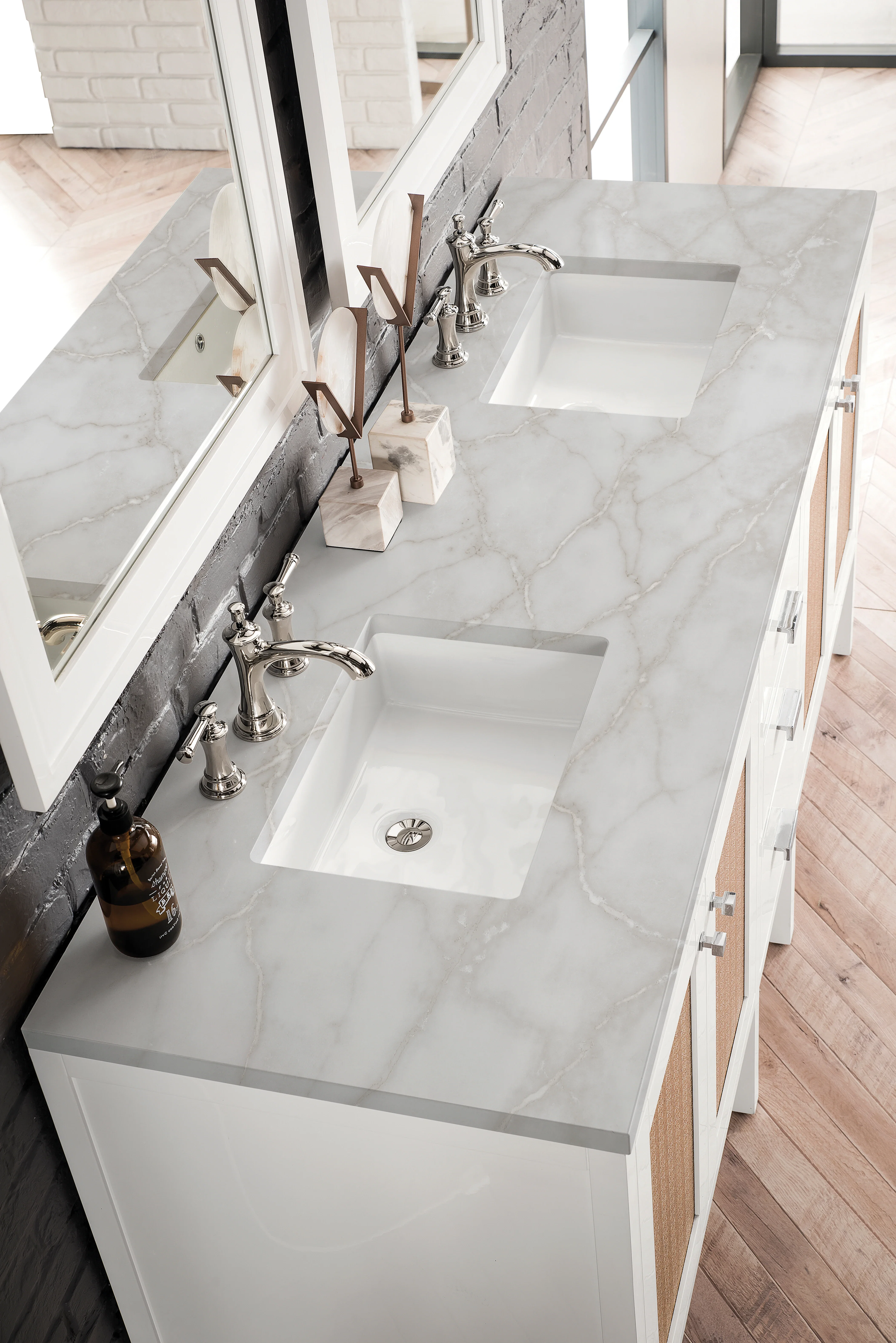 Addison 72" Double Vanity, Glossy White w/ 3 CM Victorian Silver Silestone Top