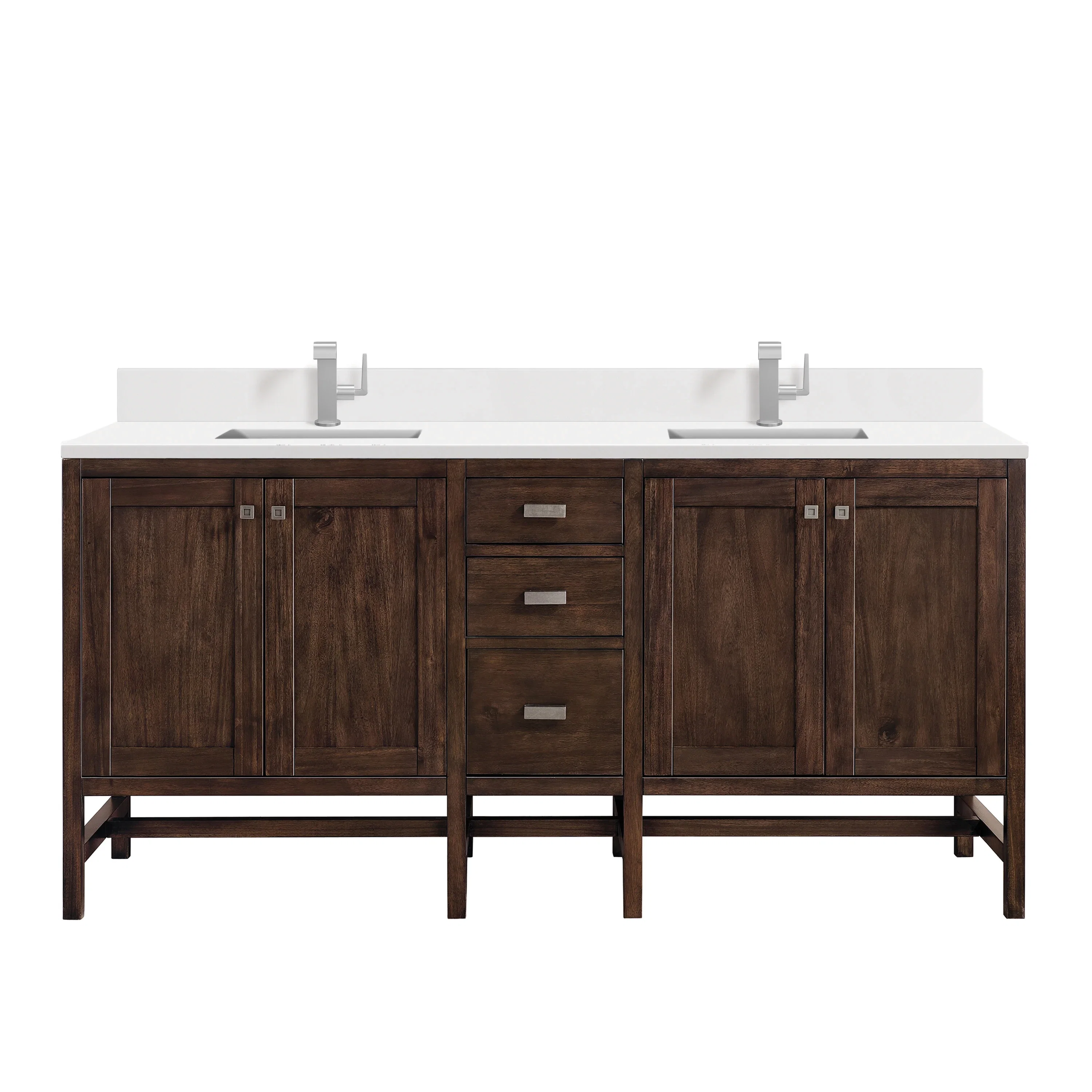 Addison 72" Double Vanity, Mid-Century Acacia w/ Single Hole 3 CM White Zeus Silestone Top & Backsplash