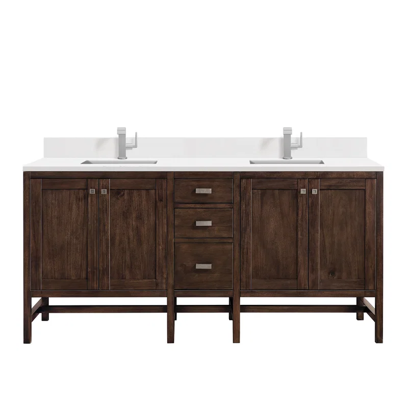 Addison 72" Double Vanity, Mid-Century Acacia w/ Single Hole 3 CM White Zeus Silestone Top & Backsplash