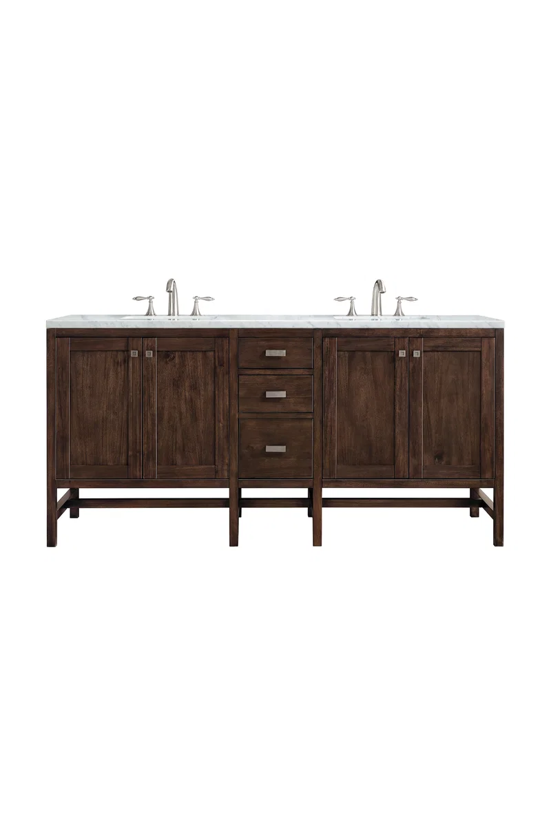 Addison 72" Double Vanity, Mid-Century Acacia w/ 3 CM Carrara White Top
