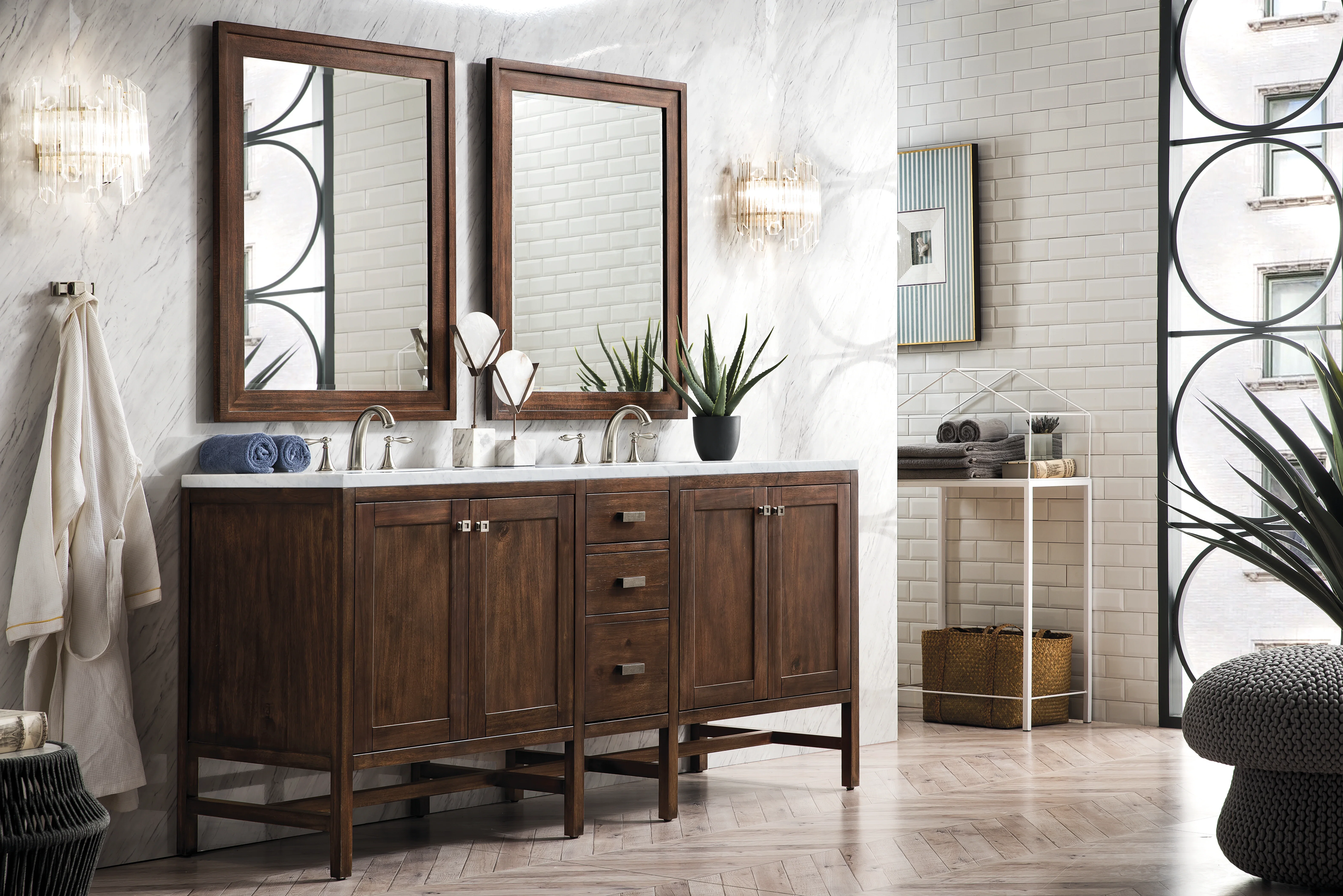 Addison 72" Double Vanity, Mid-Century Acacia w/ 3 CM Carrara White Top
