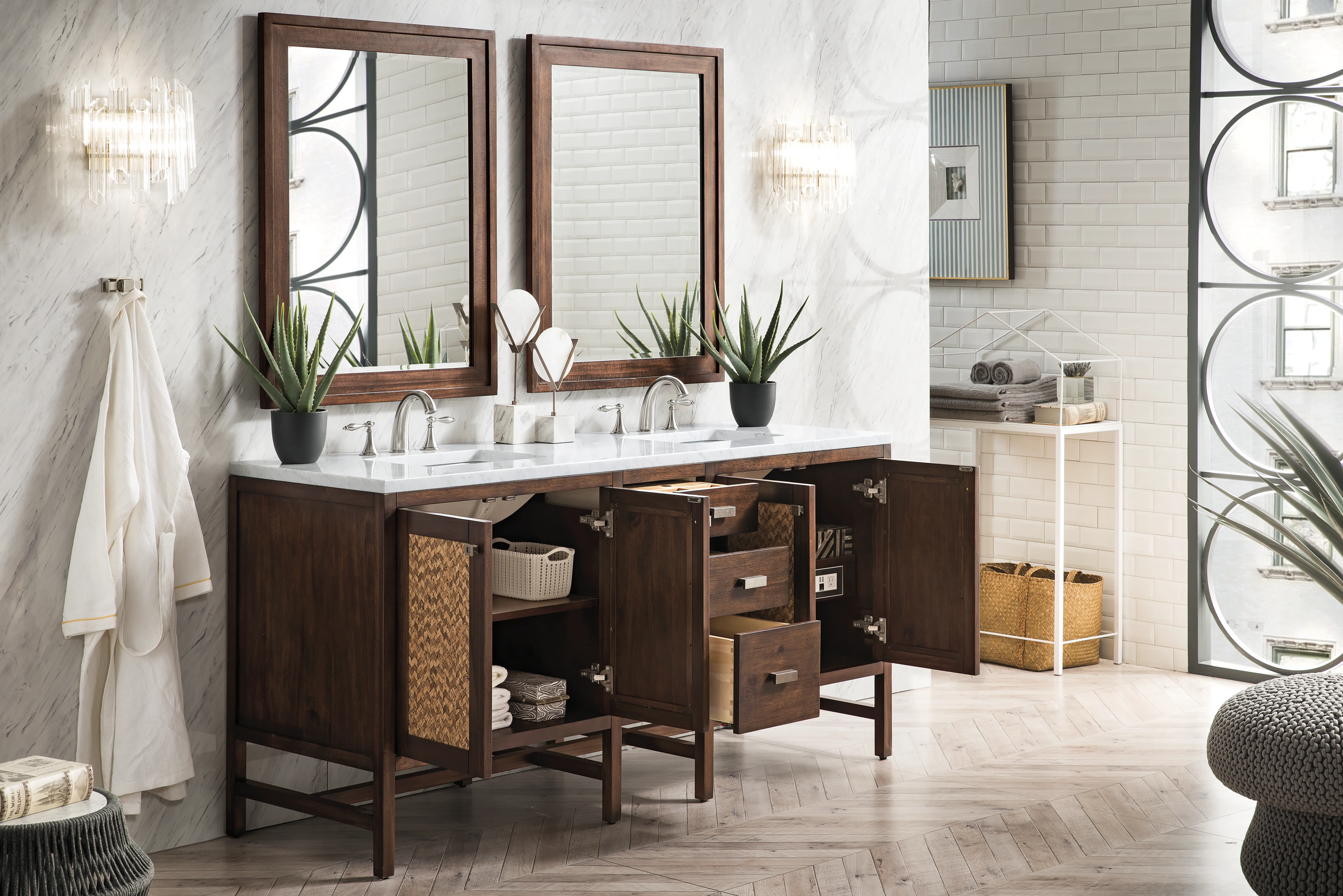 Addison 72" Double Vanity, Mid-Century Acacia w/ 3 CM Carrara White Top