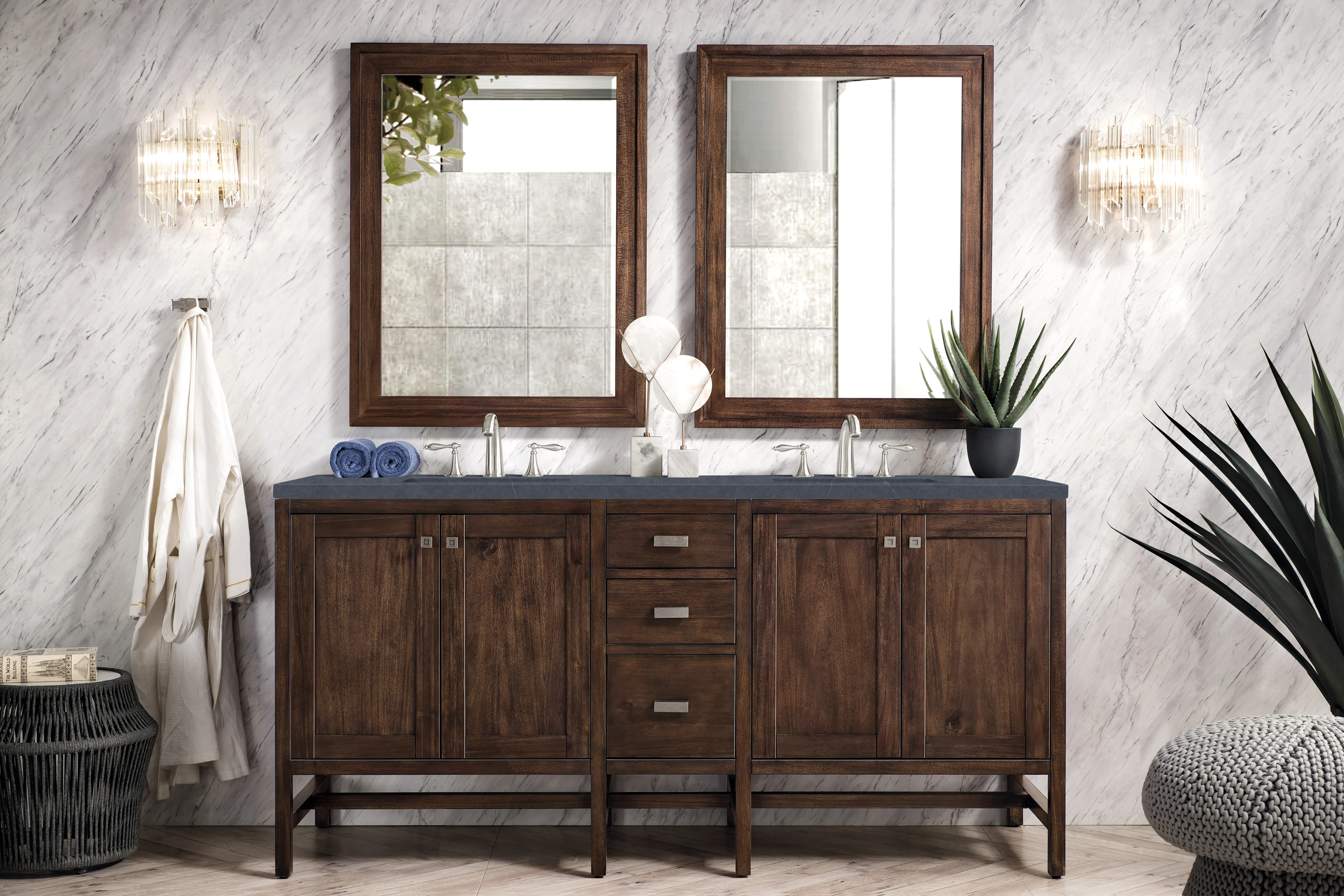 Addison 72" Double Vanity, Mid-Century Acacia w/ 3 CM Charcoal Soapstone Silestone Top