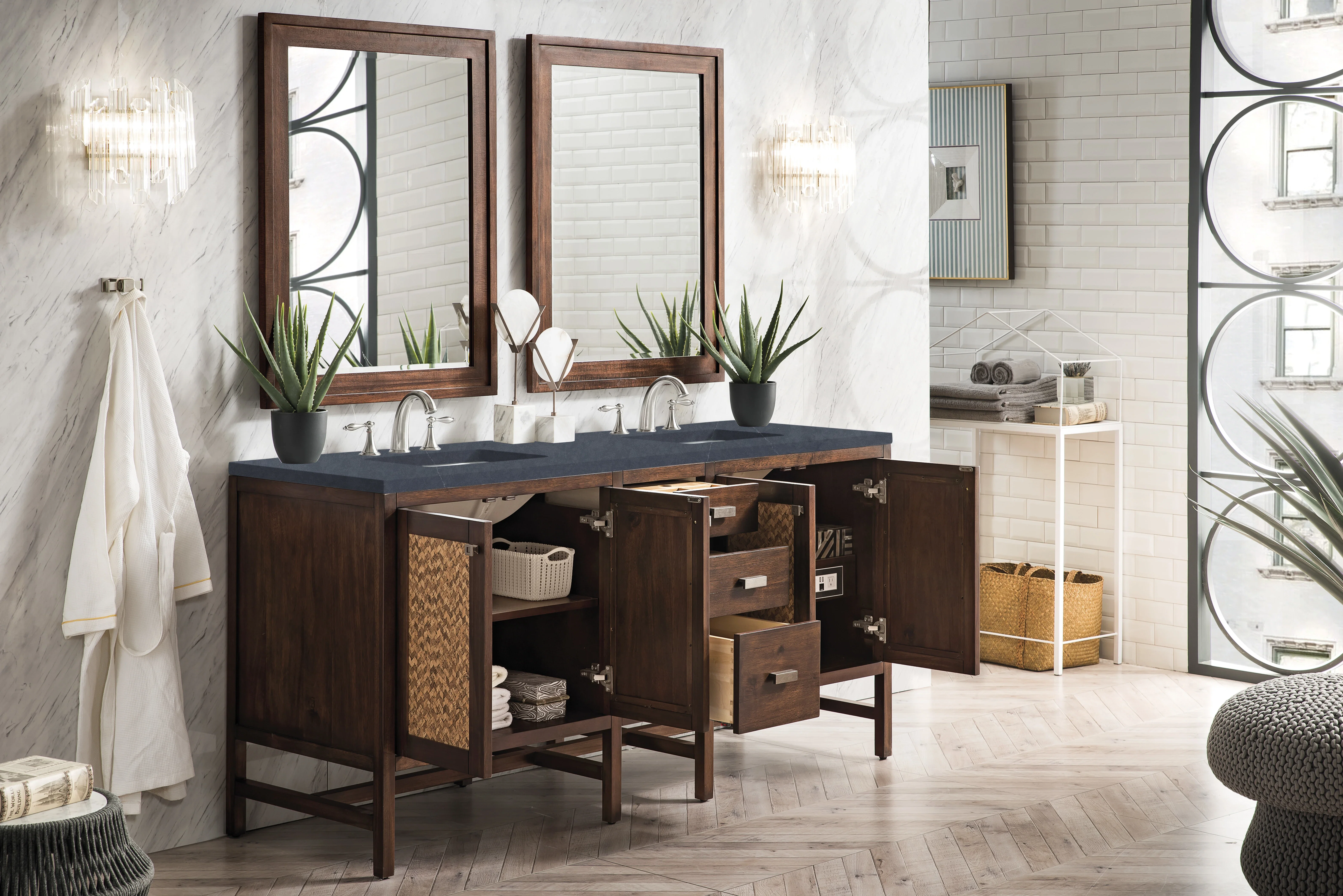 Addison 72" Double Vanity, Mid-Century Acacia w/ 3 CM Charcoal Soapstone Silestone Top