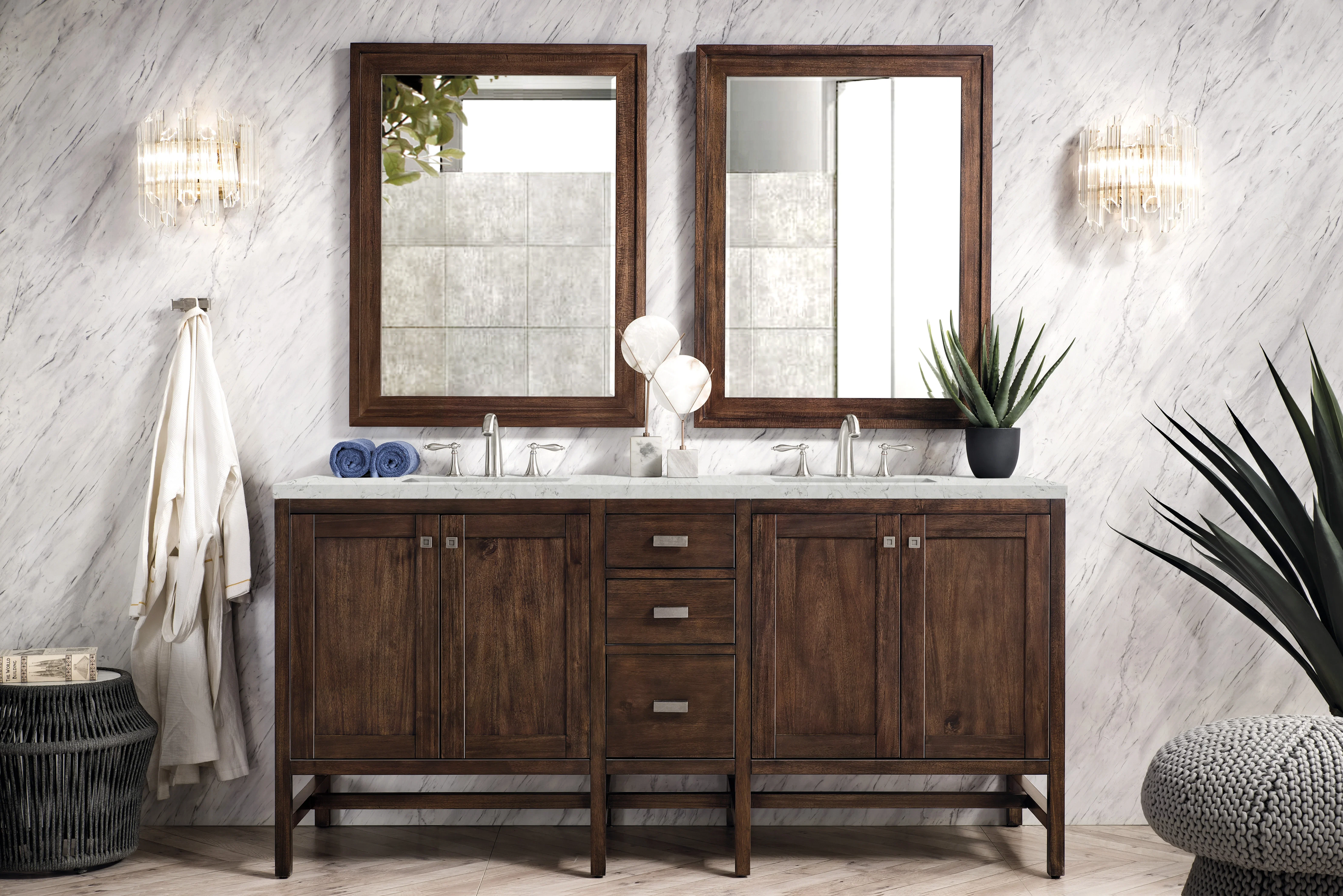 Addison 72" Double Vanity, Mid-Century Acacia w/ 3 CM Eternal Jasmine Pearl Silestone Top