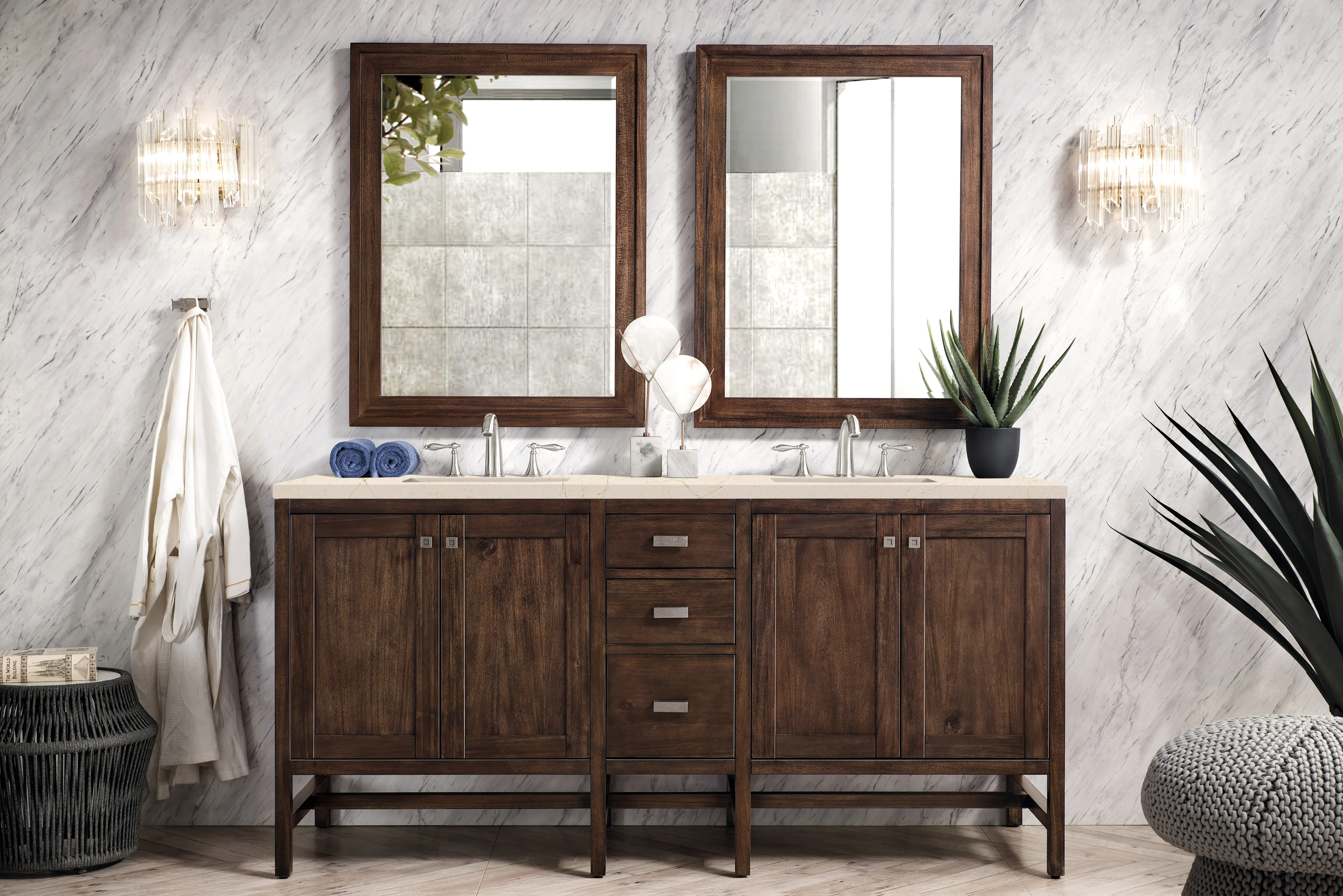 Addison 72" Double Vanity, Mid-Century Acacia w/ 3 CM Eternal Marfil Silestone Top