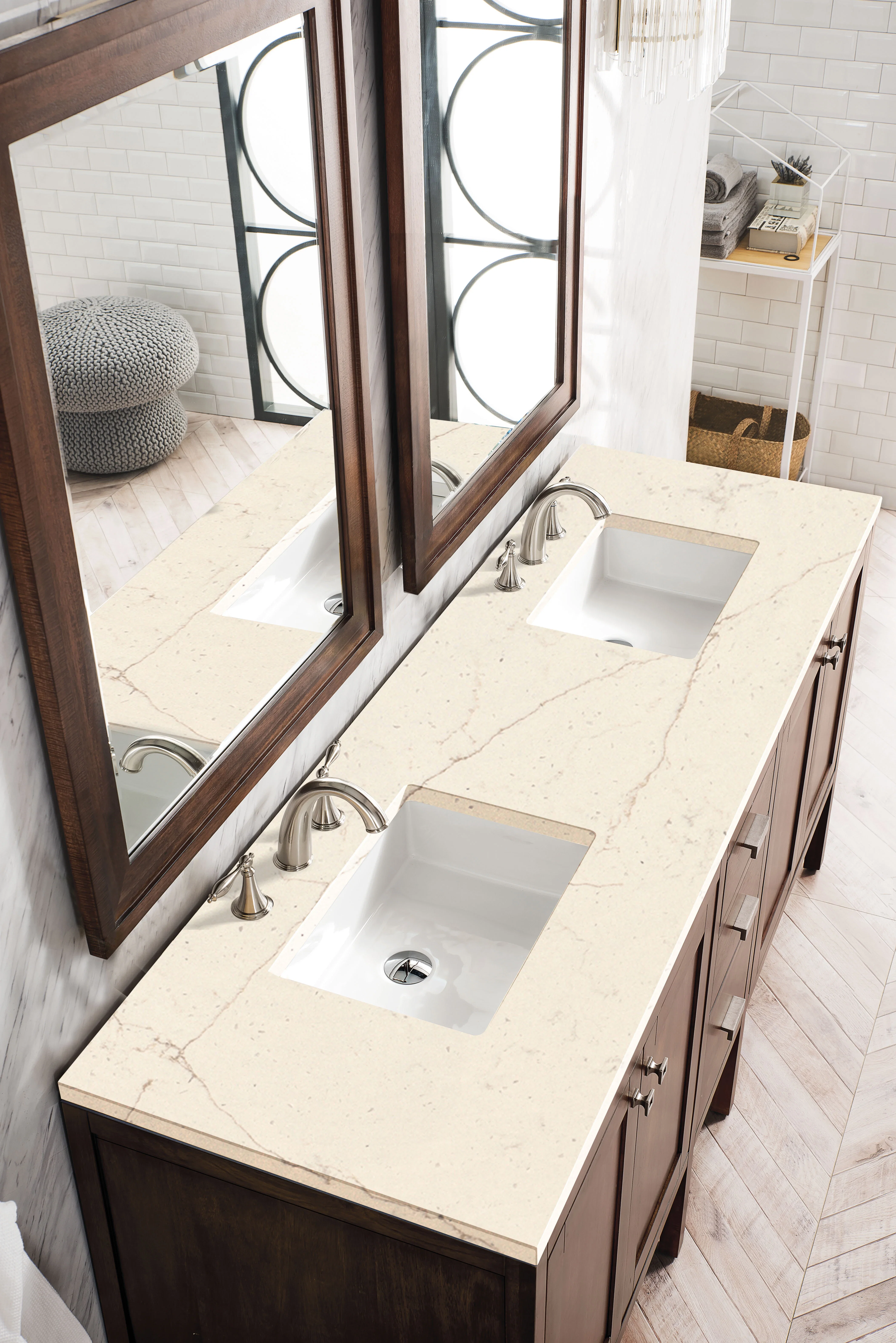Addison 72" Double Vanity, Mid-Century Acacia w/ 3 CM Eternal Marfil Silestone Top