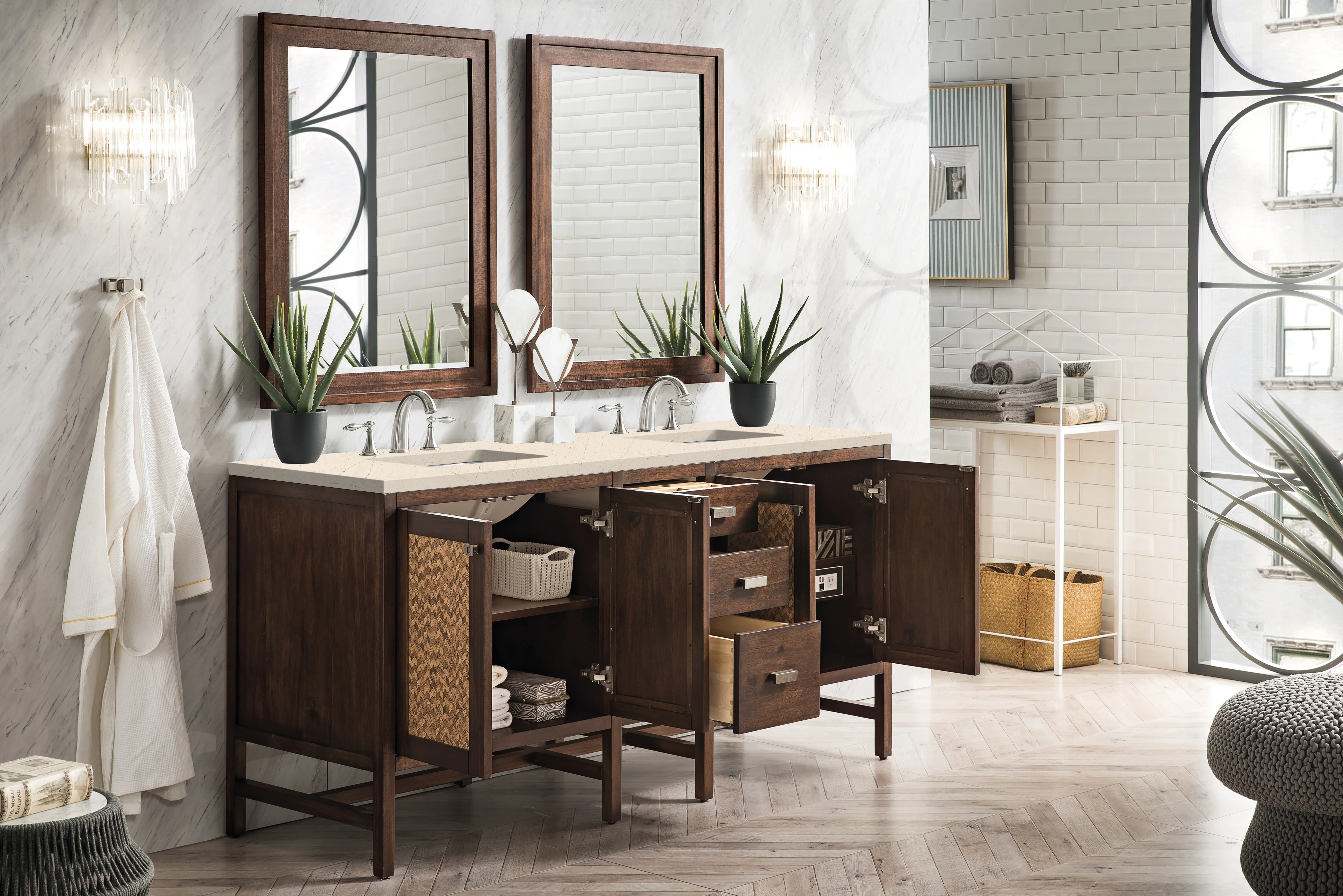 Addison 72" Double Vanity, Mid-Century Acacia w/ 3 CM Eternal Marfil Silestone Top
