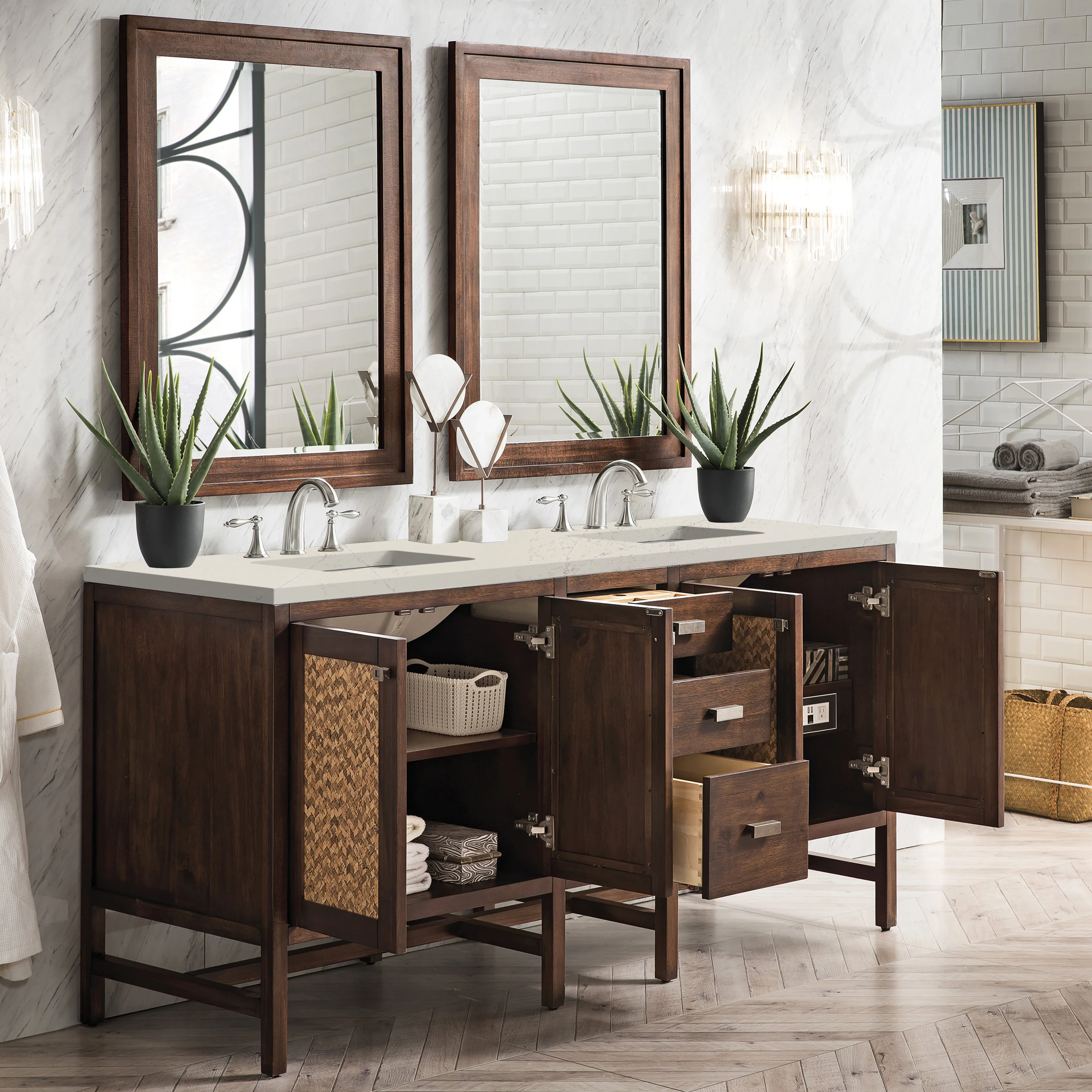 Addison 72" Double Vanity, Mid-Century Acacia, w/ 3 CM Siberian Silestone Top