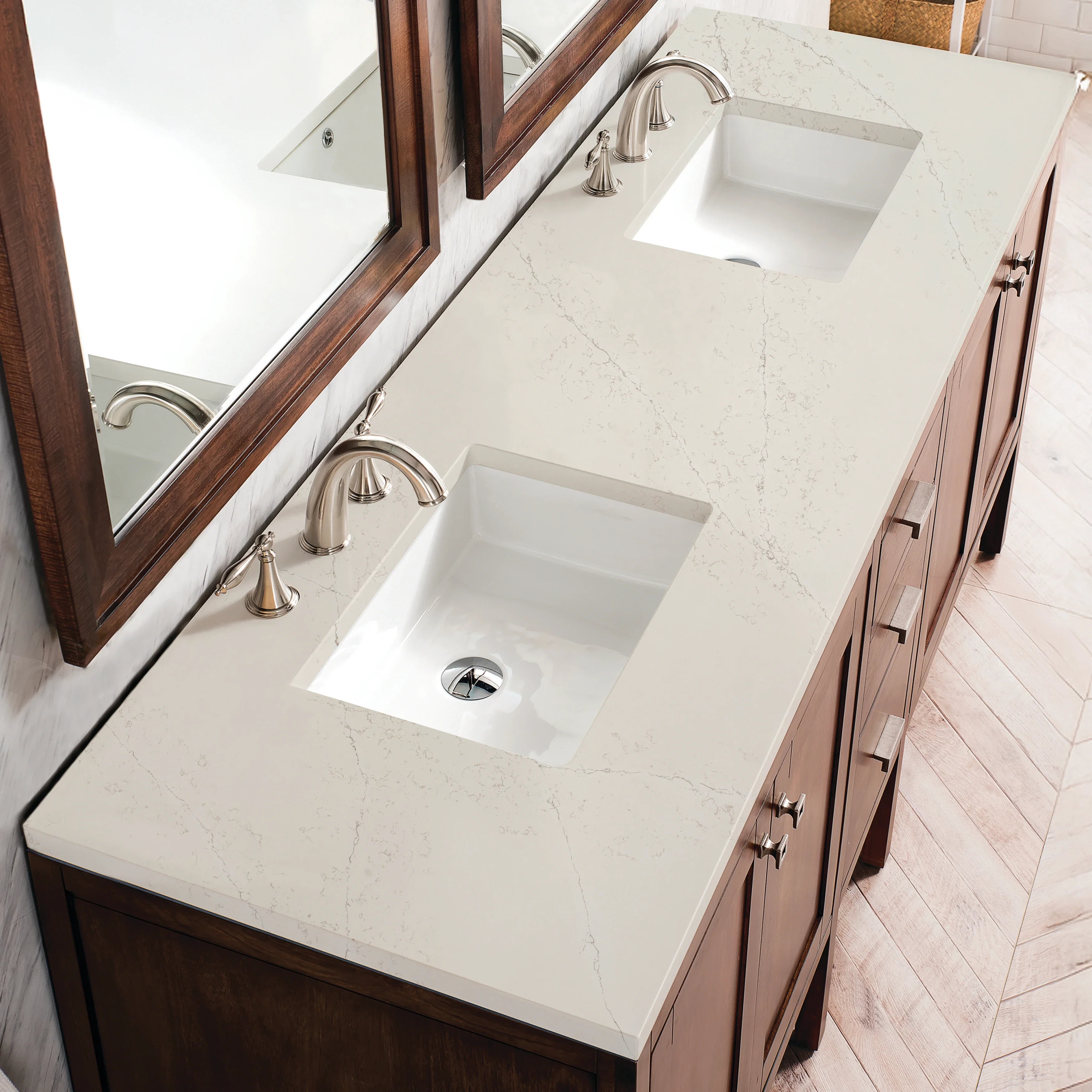 Addison 72" Double Vanity, Mid-Century Acacia, w/ 3 CM Siberian Silestone Top