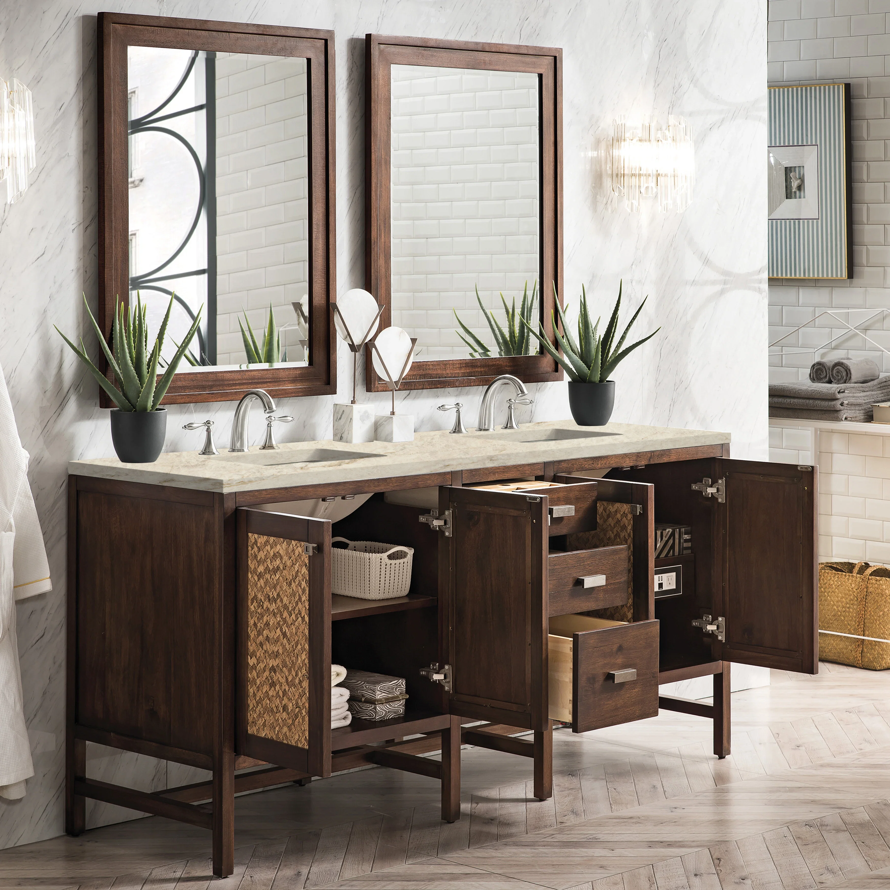 Addison 72" Double Vanity, Mid-Century Acacia, w/ 3 CM Tajnar Eclos Top