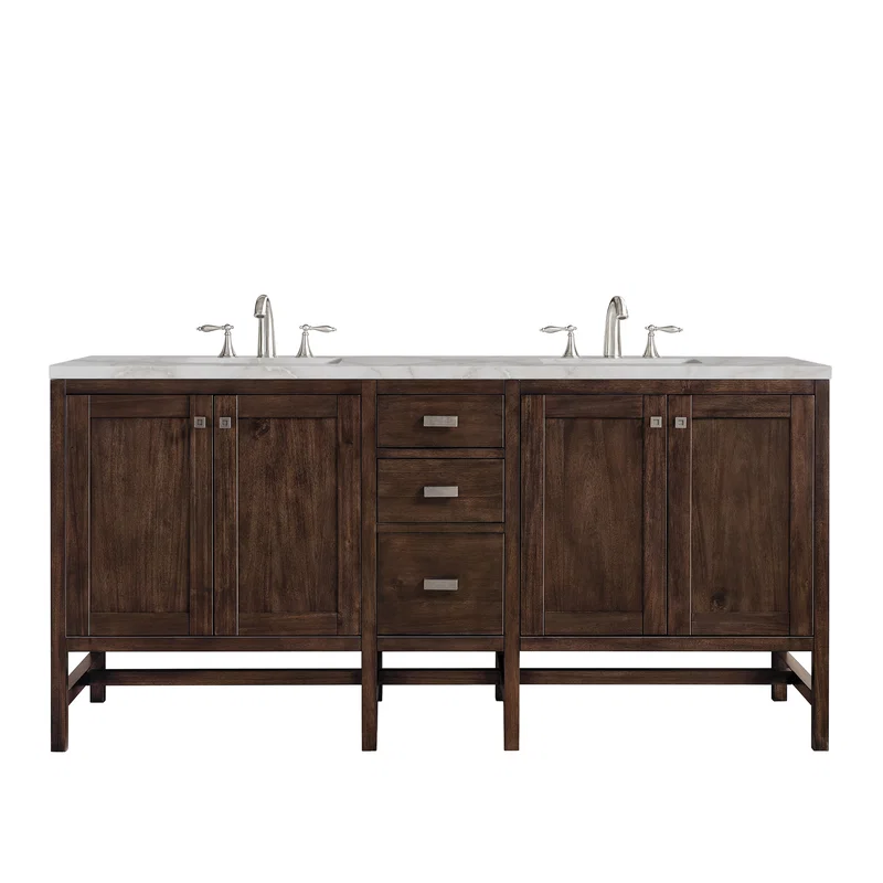 Addison 72" Double Vanity, Mid-Century Acacia w/ 3 CM Victorian Silver Silestone Top