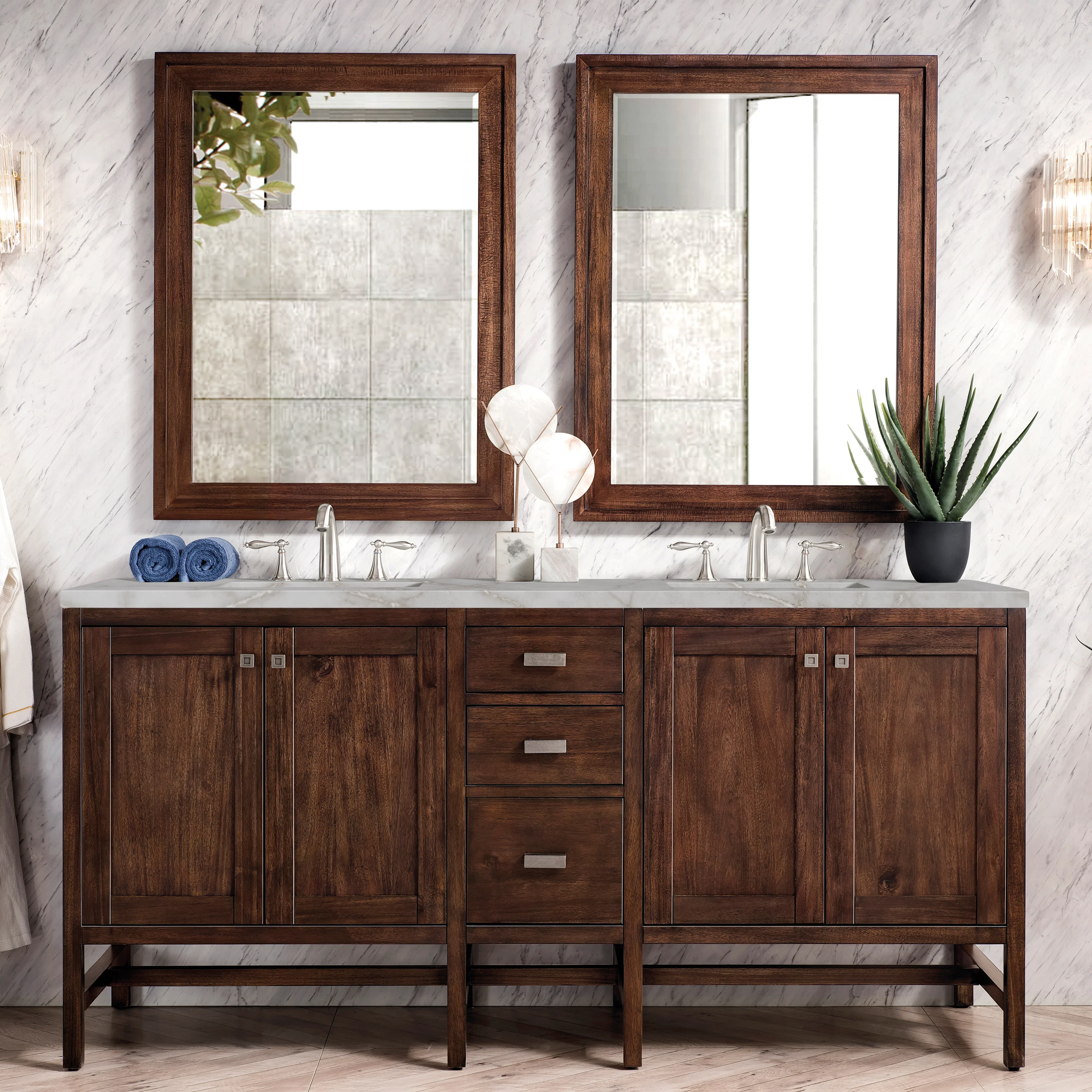 Addison 72" Double Vanity, Mid-Century Acacia w/ 3 CM Victorian Silver Silestone Top