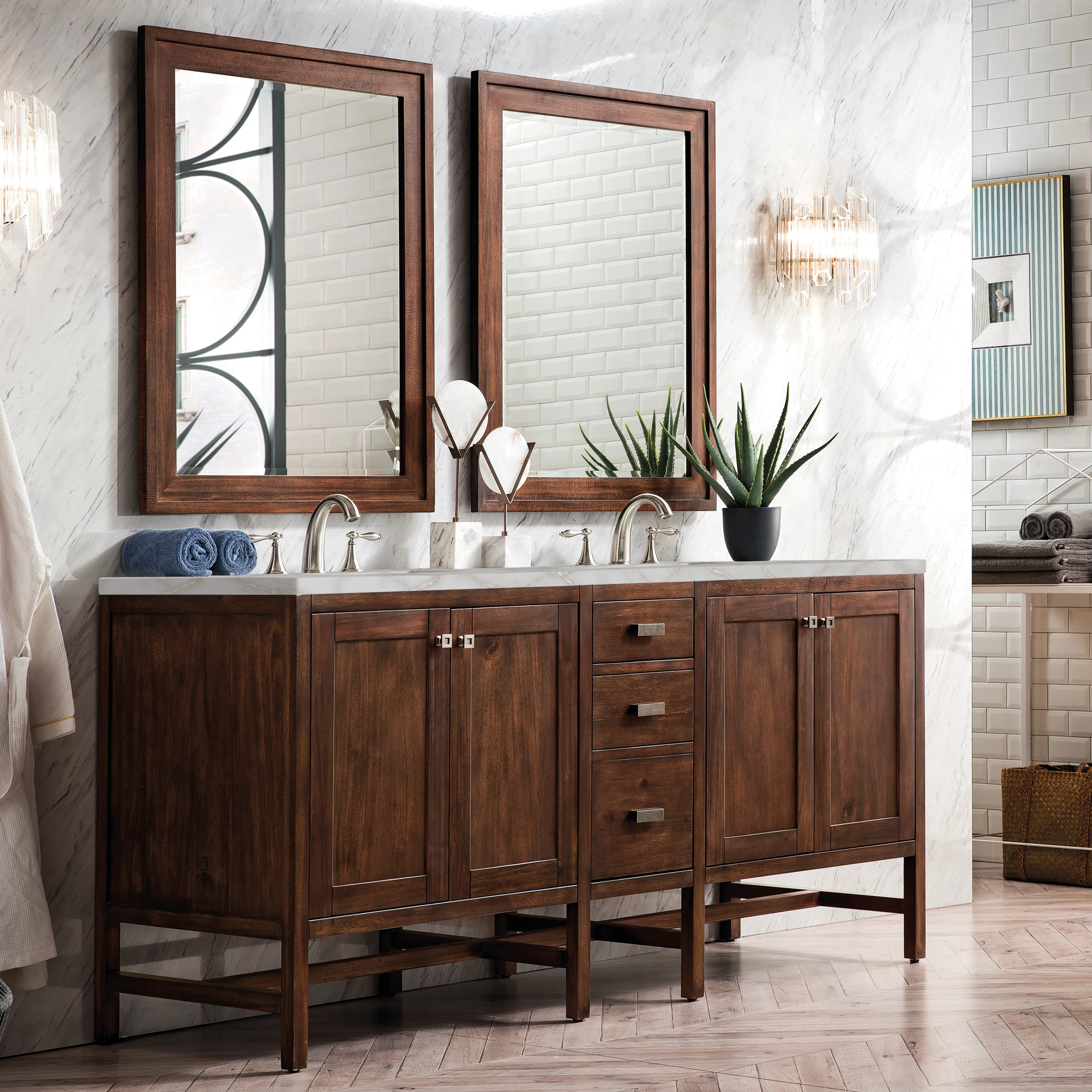 Addison 72" Double Vanity, Mid-Century Acacia w/ 3 CM Victorian Silver Silestone Top