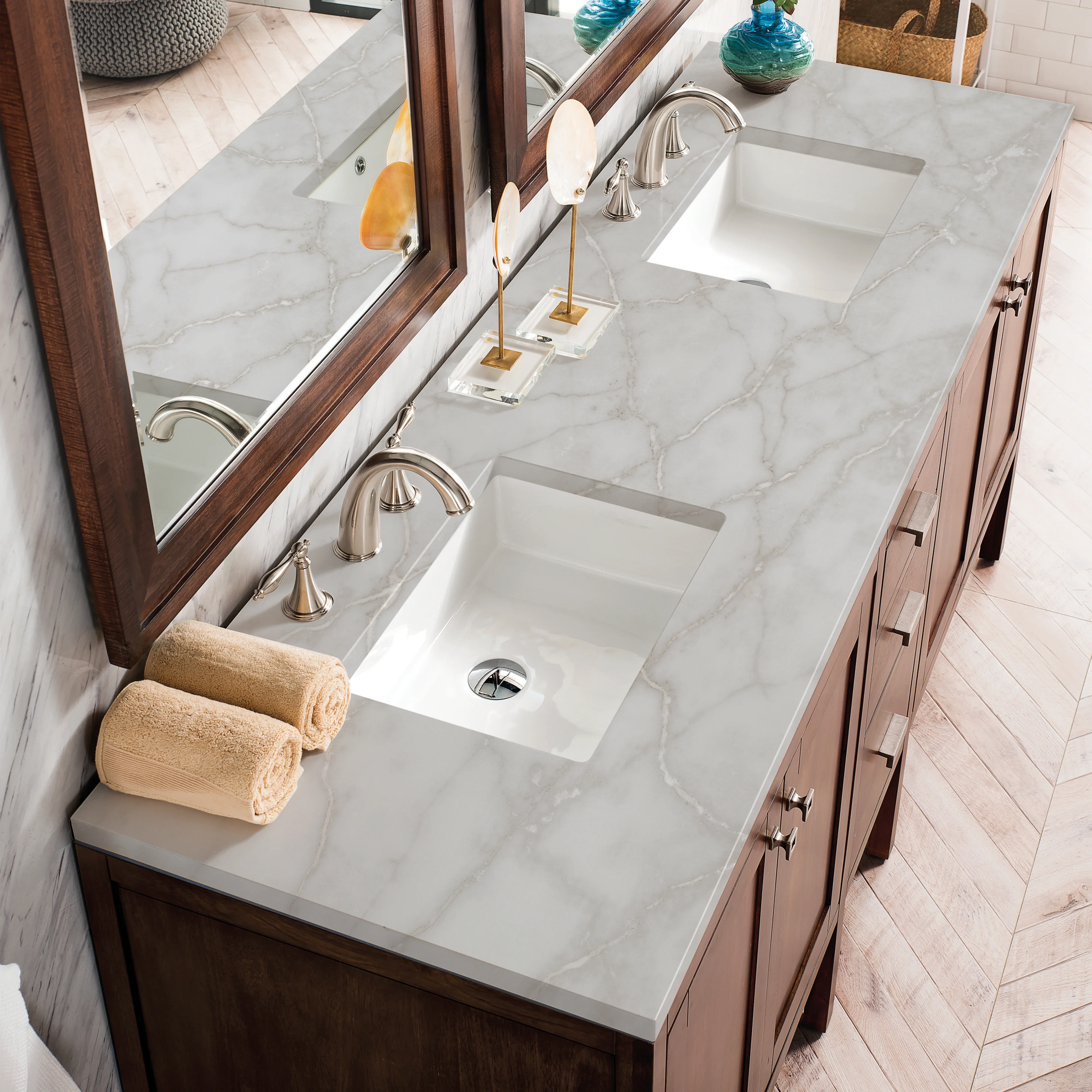 Addison 72" Double Vanity, Mid-Century Acacia w/ 3 CM Victorian Silver Silestone Top